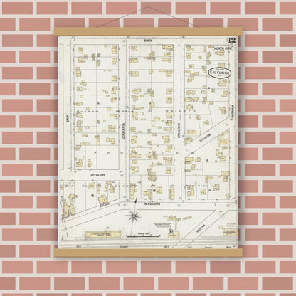 Old map wall art mockup — magnetic wood frame on brick wall — Sanborn Fire Insurance Map from Eau Claire, Eau Claire County, Wisconsin (1889), Sheet #0012