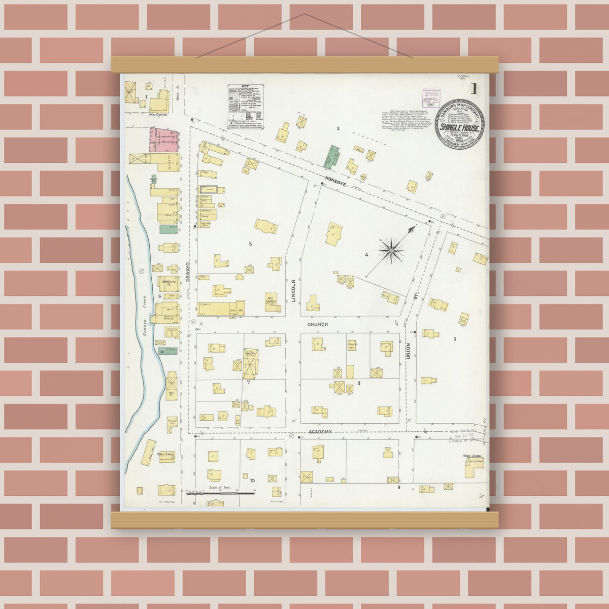 Old map wall art mockup — magnetic wood frame on brick wall — Sanborn Fire Insurance Map from Shingle House, Potter County, Pennsylvania (1904) - Complete Map Set