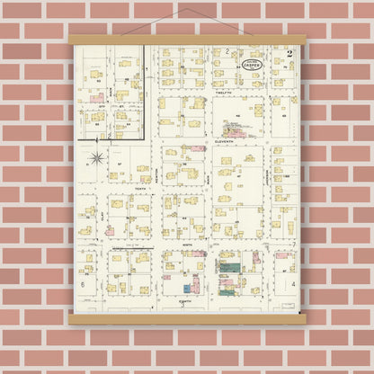 Old map wall art mockup — magnetic wood frame on brick wall — Sanborn Fire Insurance Map from Jasper, Dubois County, Indiana (1909), Sheet #0002