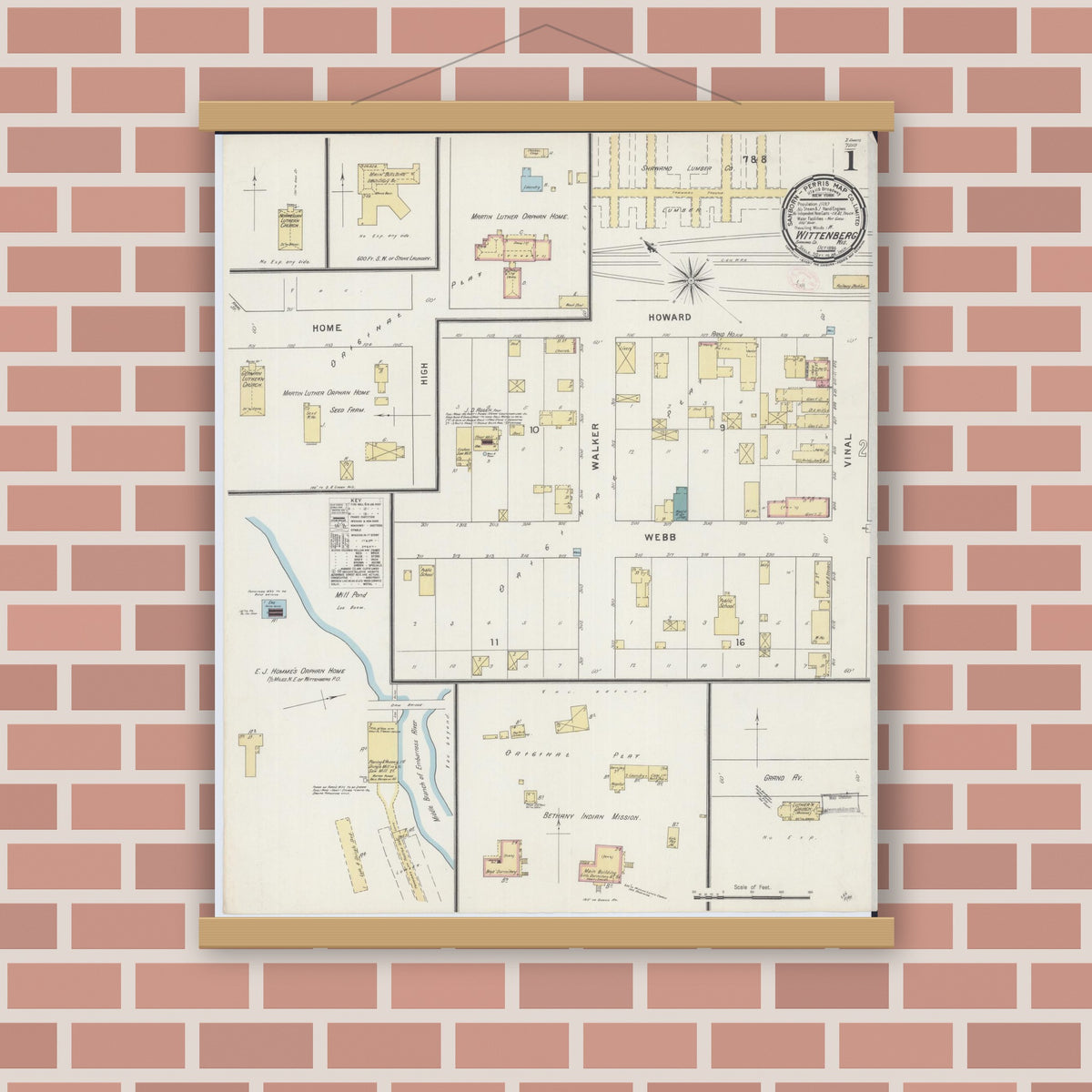 Old map wall art mockup — magnetic wood frame on brick wall — Sanborn Fire Insurance Map from Wittenberg, Shawano County, Wisconsin (1894) - Complete Map Set