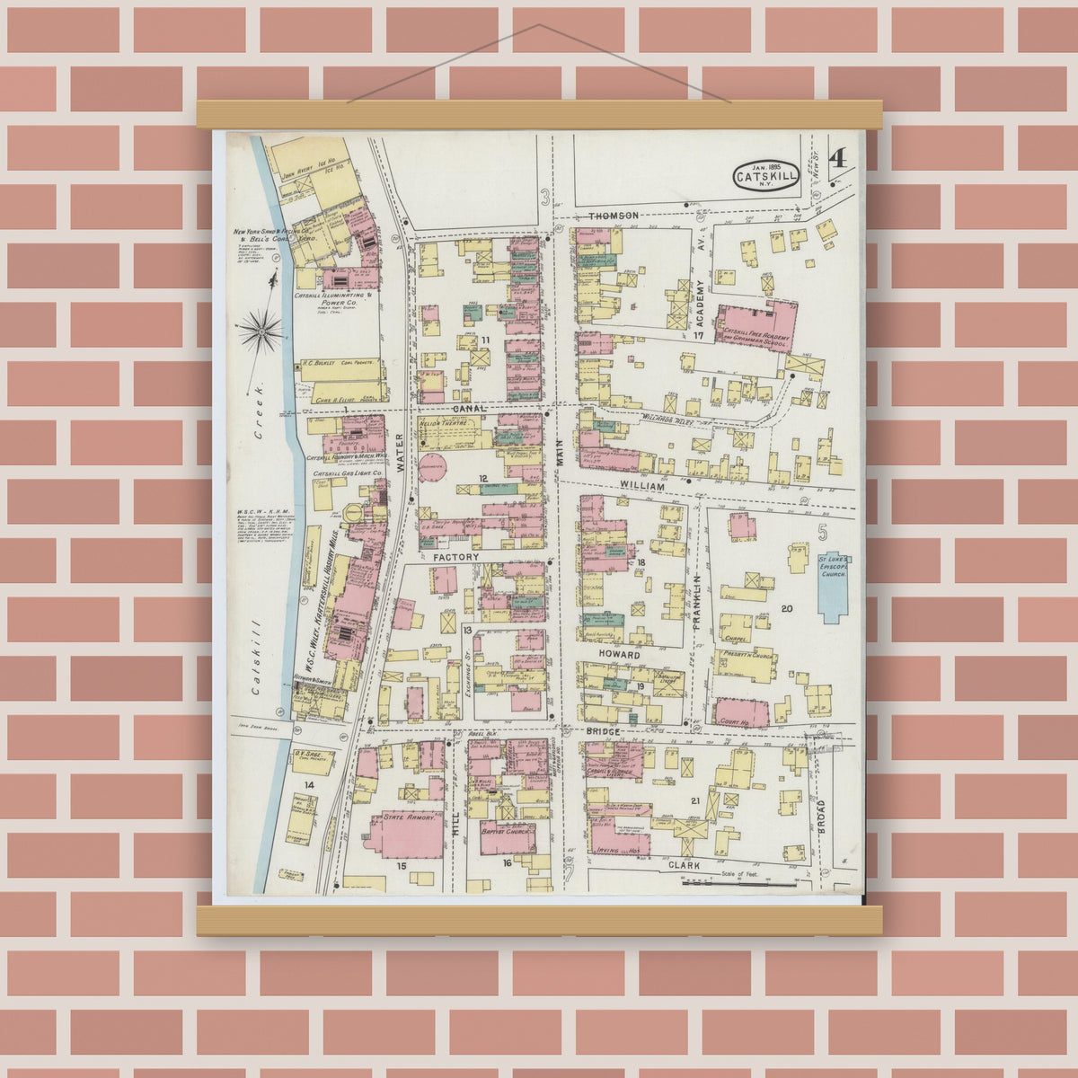 Old map wall art mockup — magnetic wood frame on brick wall — Sanborn Fire Insurance Map from Catskill, Greene County, New York (1895), Sheet #0004