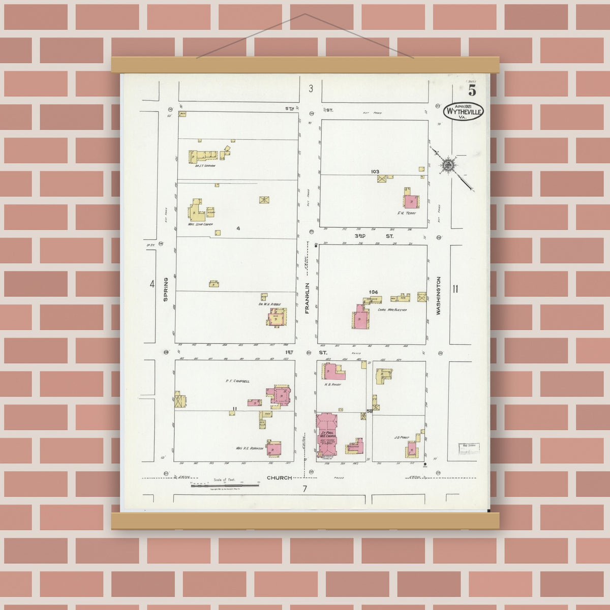 Old map wall art mockup — magnetic wood frame on brick wall — Sanborn Fire Insurance Map from Wytheville, Wythe County, Virginia (1921), Sheet #0005