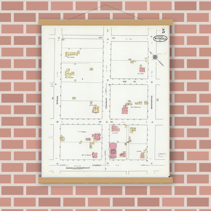 Old map wall art mockup — magnetic wood frame on brick wall — Sanborn Fire Insurance Map from Wytheville, Wythe County, Virginia (1921), Sheet #0005