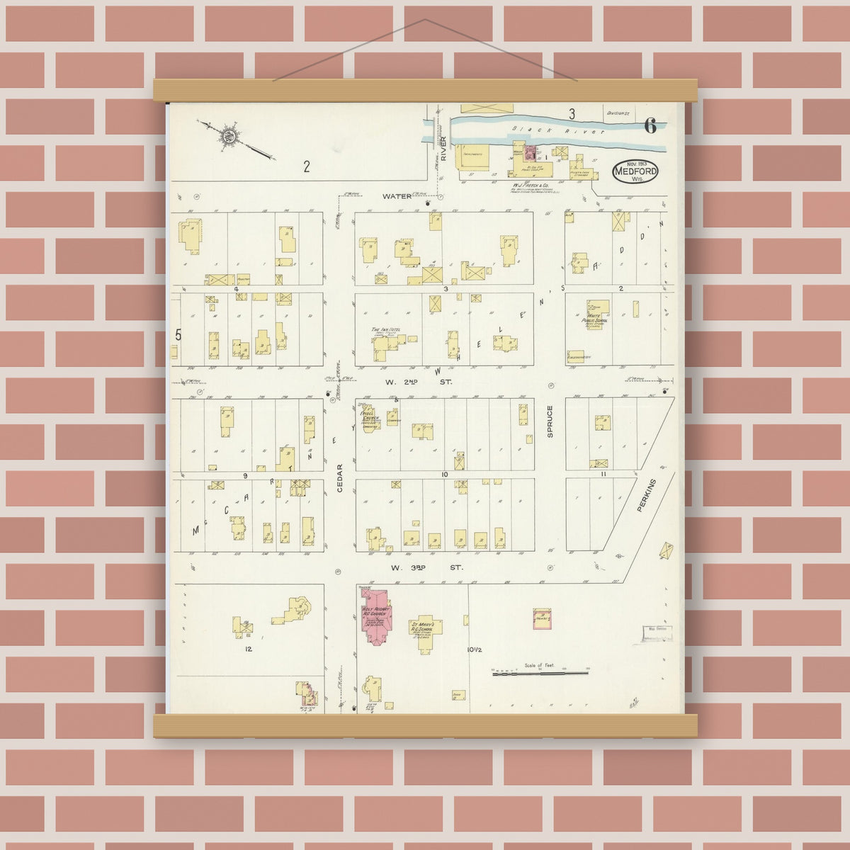 Old map wall art mockup — magnetic wood frame on brick wall — Sanborn Fire Insurance Map from Medford, Taylor County, Wisconsin (1913), Sheet #0006