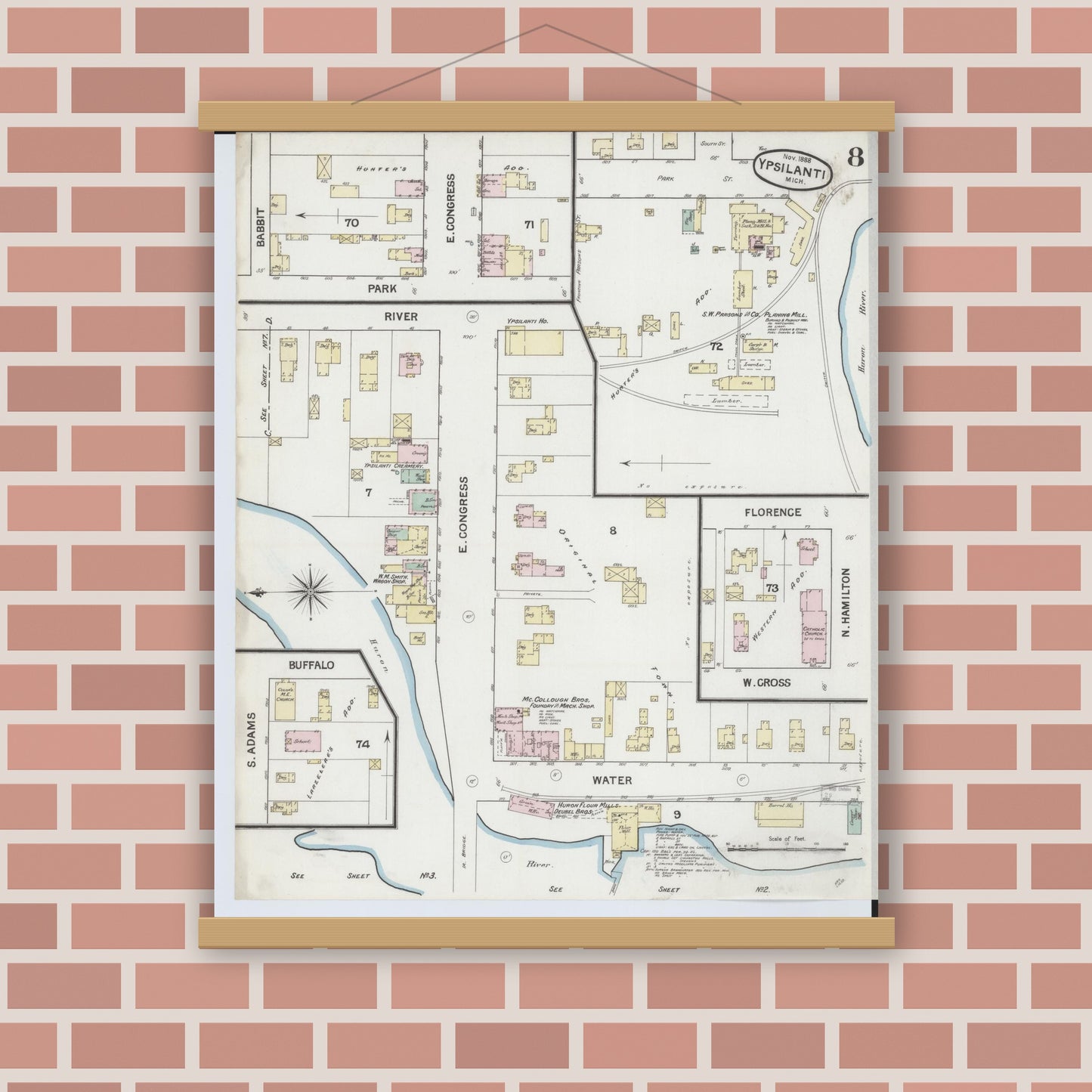 Old map wall art mockup — magnetic wood frame on brick wall — Sanborn Fire Insurance Map from Ypsilanti, Washtenaw County, Michigan (1888), Sheet #0008
