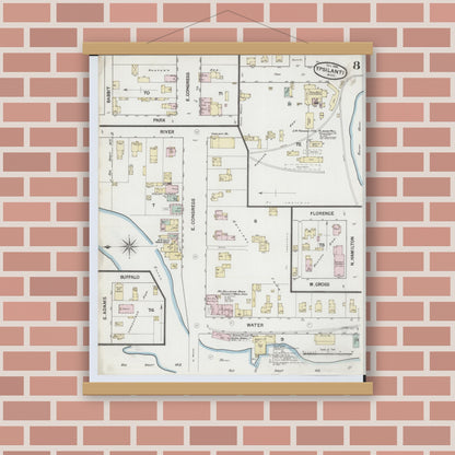 Old map wall art mockup — magnetic wood frame on brick wall — Sanborn Fire Insurance Map from Ypsilanti, Washtenaw County, Michigan (1888), Sheet #0008
