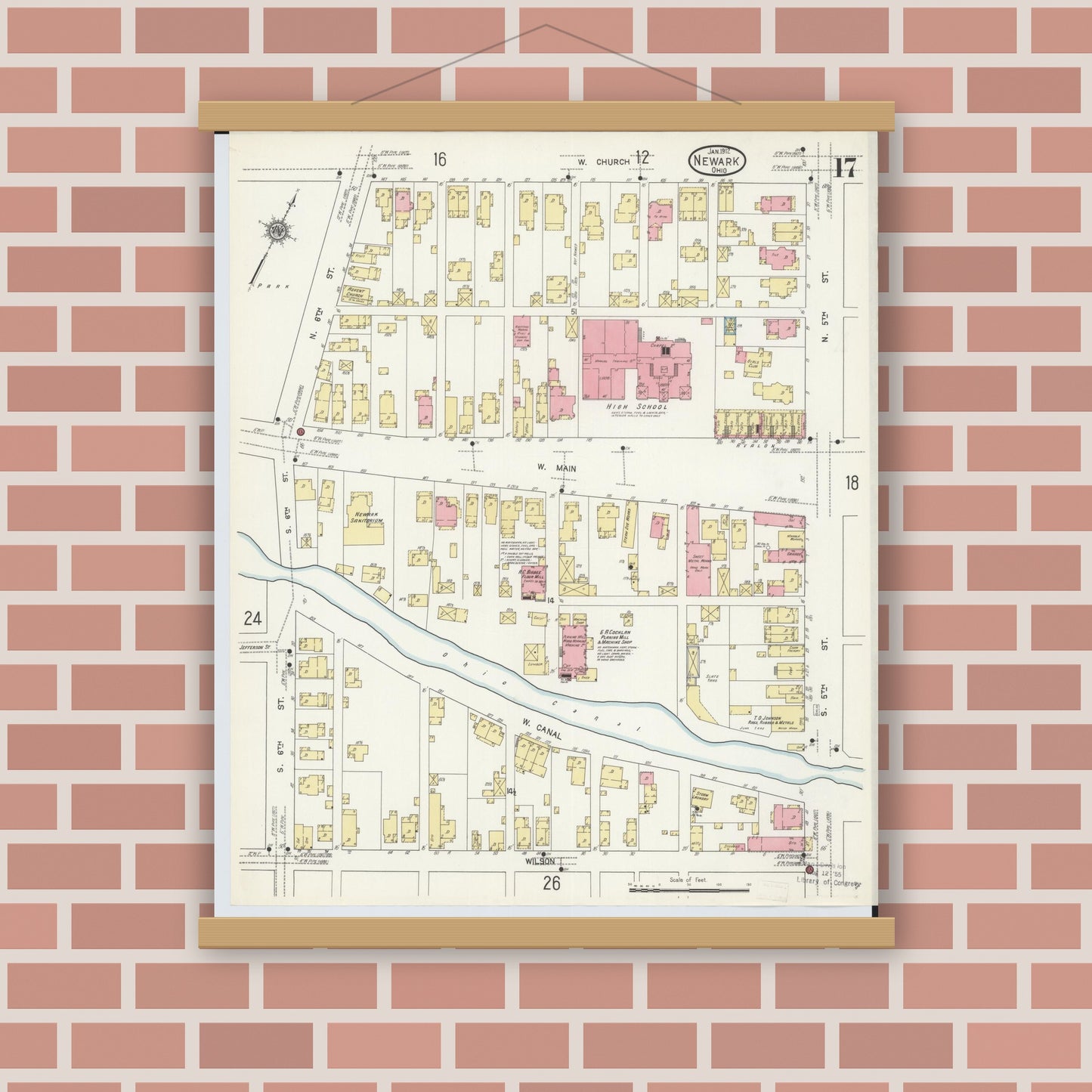 Old map wall art mockup — magnetic wood frame on brick wall — Sanborn Fire Insurance Map from Newark, Licking County, Ohio (1912), Sheet #0017