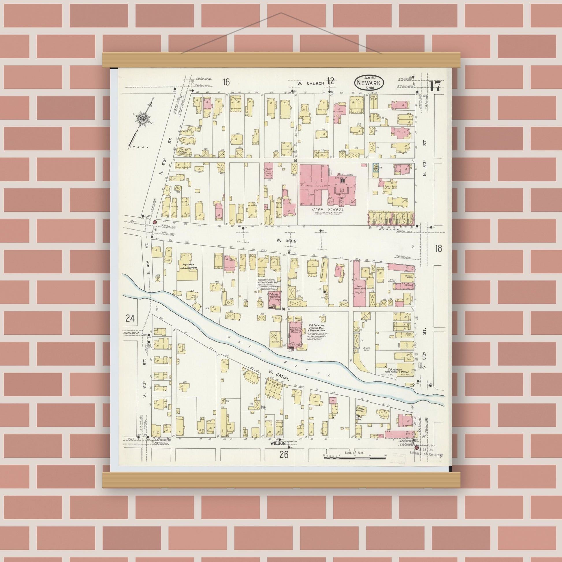 Old map wall art mockup — magnetic wood frame on brick wall — Sanborn Fire Insurance Map from Newark, Licking County, Ohio (1912), Sheet #0017