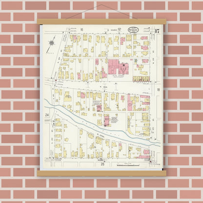Old map wall art mockup — magnetic wood frame on brick wall — Sanborn Fire Insurance Map from Newark, Licking County, Ohio (1912), Sheet #0017