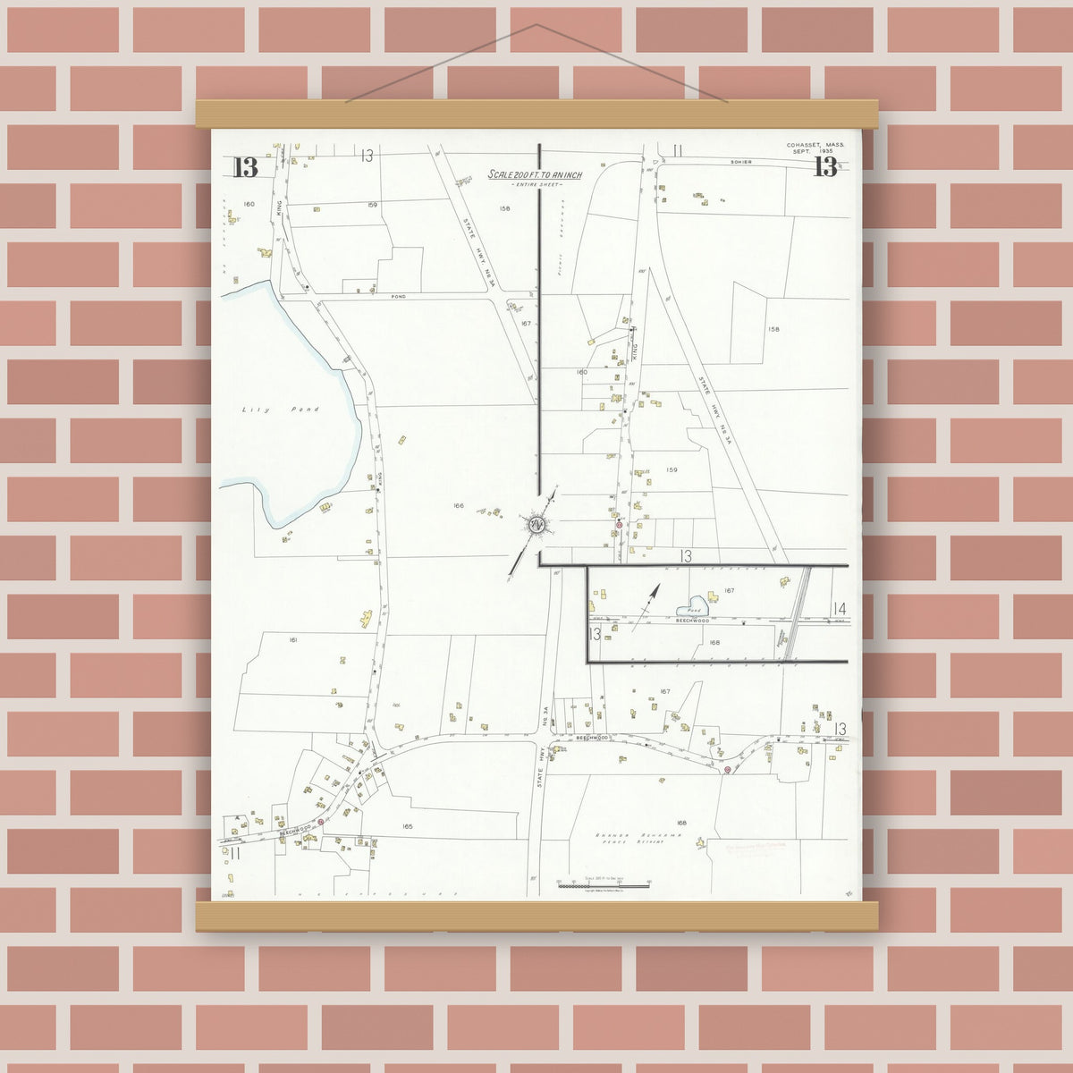 Old map wall art mockup — magnetic wood frame on brick wall — Sanborn Fire Insurance Map from Cohasset, Norfolk County, Massachusetts (1935), Sheet #0013