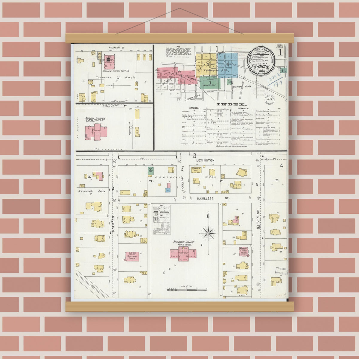Old map wall art mockup — magnetic wood frame on brick wall — Sanborn Fire Insurance Map from Richmond, Ray County, Missouri (1899) - Complete Map Set