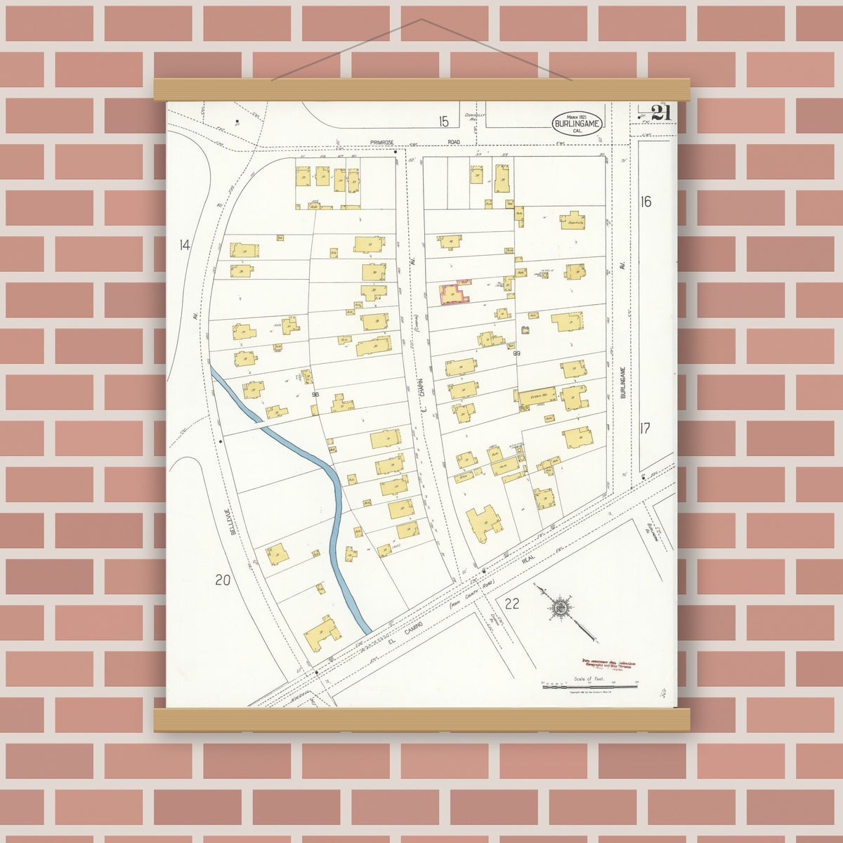 Old map wall art mockup — magnetic wood frame on brick wall — Sanborn Fire Insurance Map from Burlingame, San Mateo County, California (1921), Sheet #0021