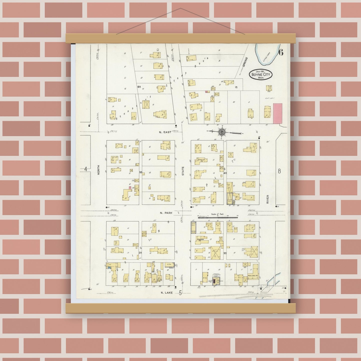 Old map wall art mockup — magnetic wood frame on brick wall — Sanborn Fire Insurance Map from Boyne City, Charlevoix County, Michigan (1911), Sheet #0006