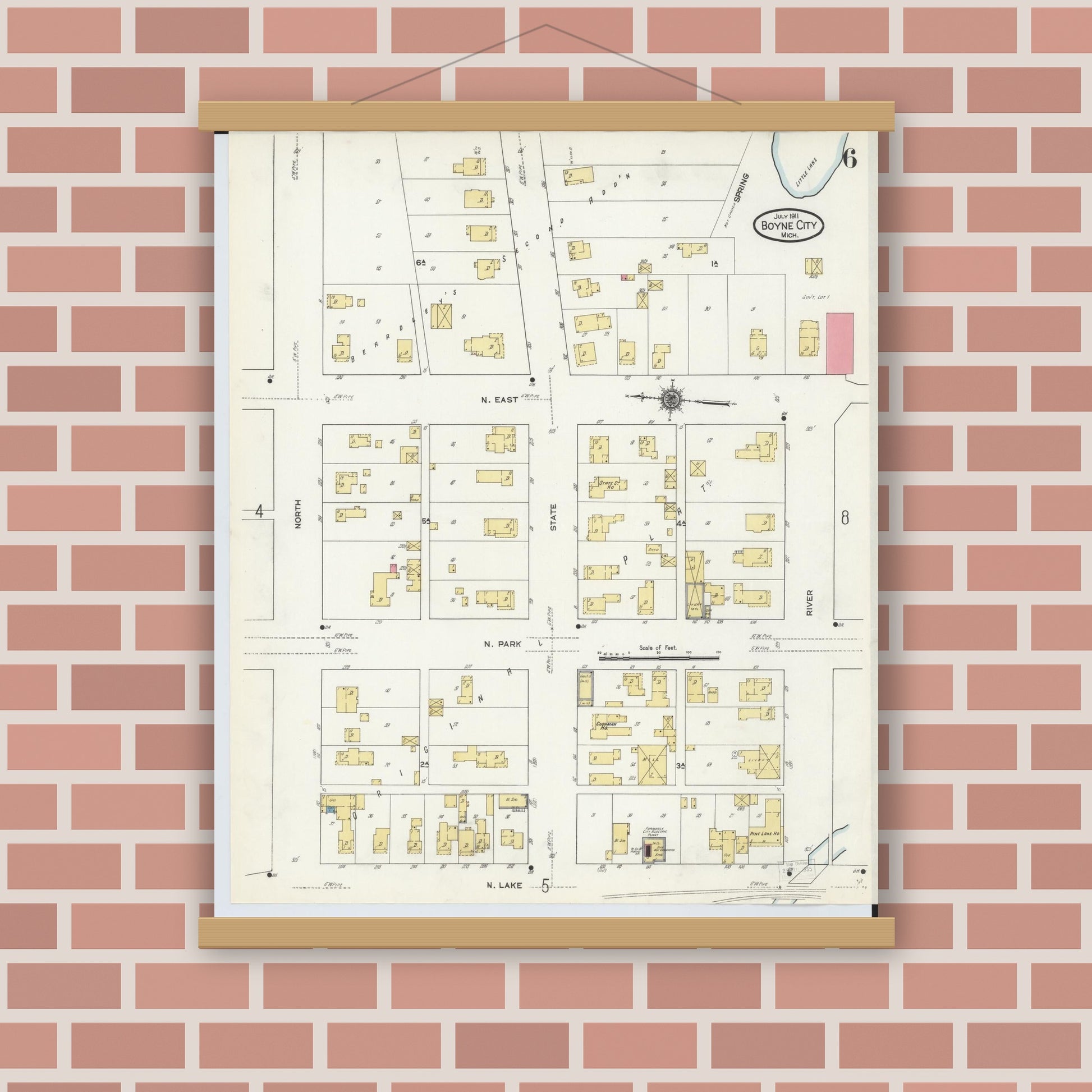 Old map wall art mockup — magnetic wood frame on brick wall — Sanborn Fire Insurance Map from Boyne City, Charlevoix County, Michigan (1911), Sheet #0006