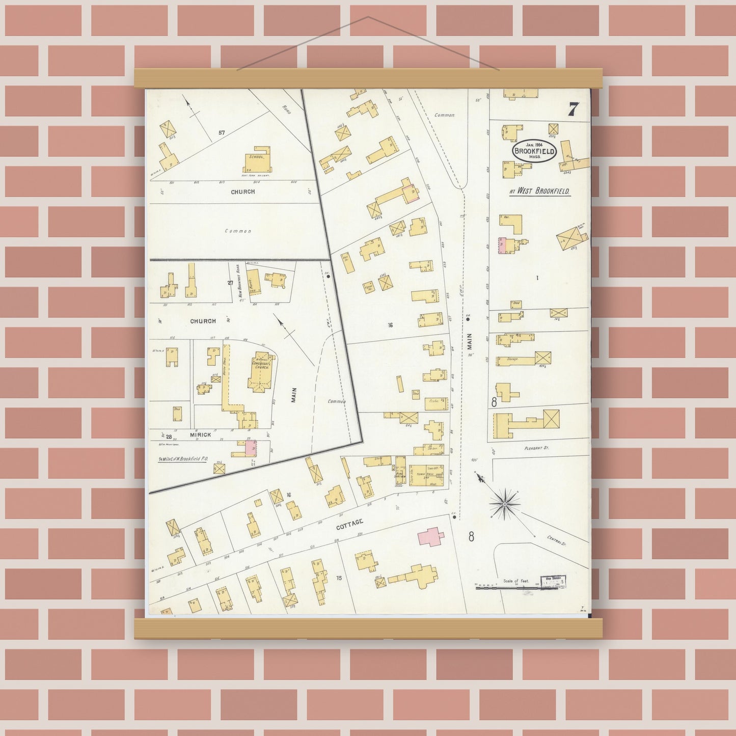Old map wall art mockup — magnetic wood frame on brick wall — Sanborn Fire Insurance Map from Brookfield, Worcester County, Massachusetts (1904), Sheet #0007