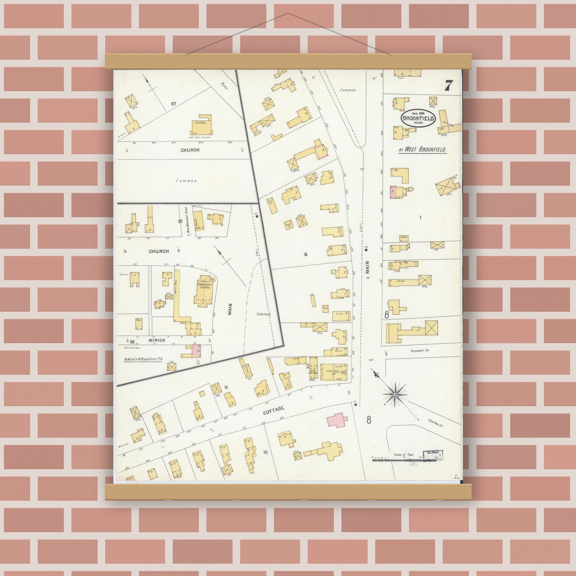 Old map wall art mockup — magnetic wood frame on brick wall — Sanborn Fire Insurance Map from Brookfield, Worcester County, Massachusetts (1904), Sheet #0007