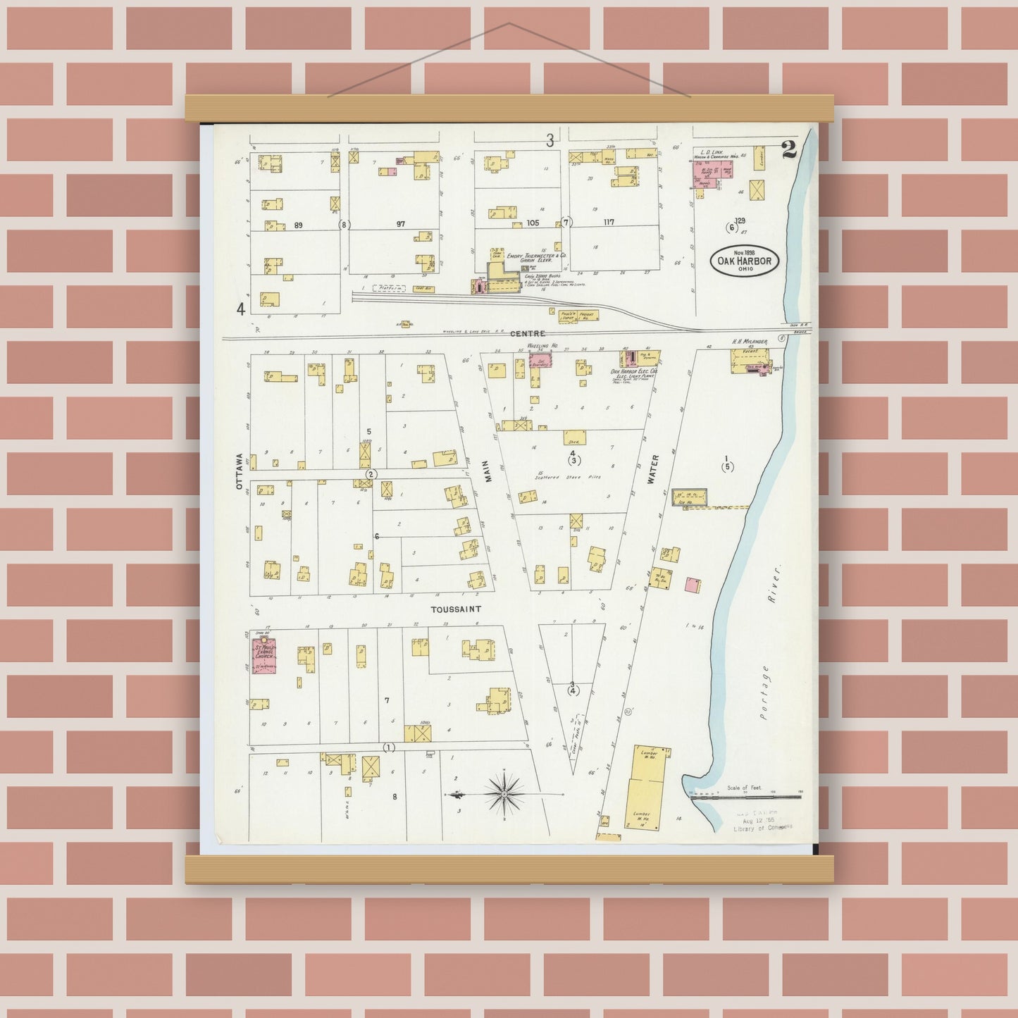 Old map wall art mockup — magnetic wood frame on brick wall — Sanborn Fire Insurance Map from Oak Harbor, Ottawa County, Ohio (1898), Sheet #0002