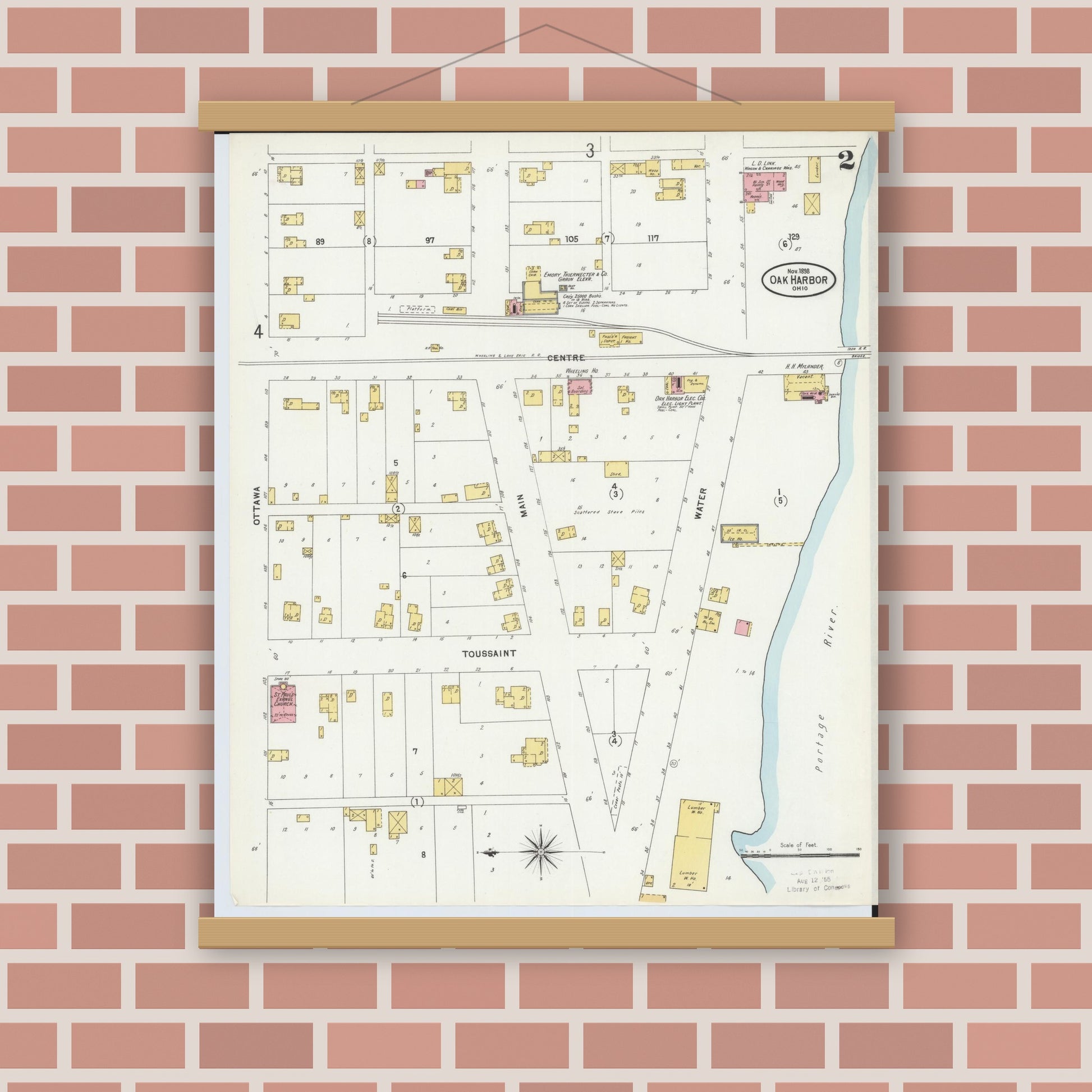 Old map wall art mockup — magnetic wood frame on brick wall — Sanborn Fire Insurance Map from Oak Harbor, Ottawa County, Ohio (1898), Sheet #0002