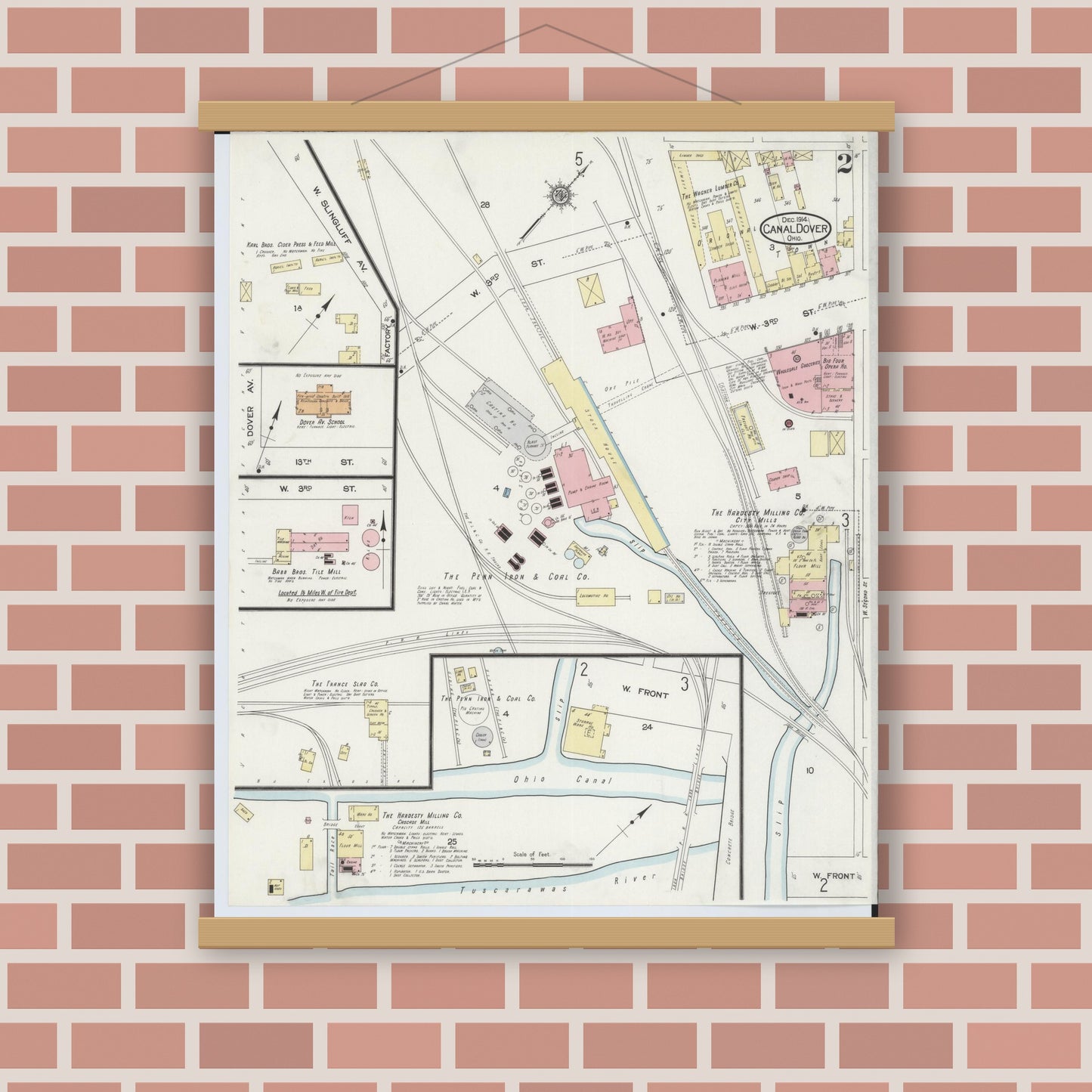 Old map wall art mockup — magnetic wood frame on brick wall — Sanborn Fire Insurance Map from Canal Dover, Tuscarawas County, Ohio (1914), Sheet #0002
