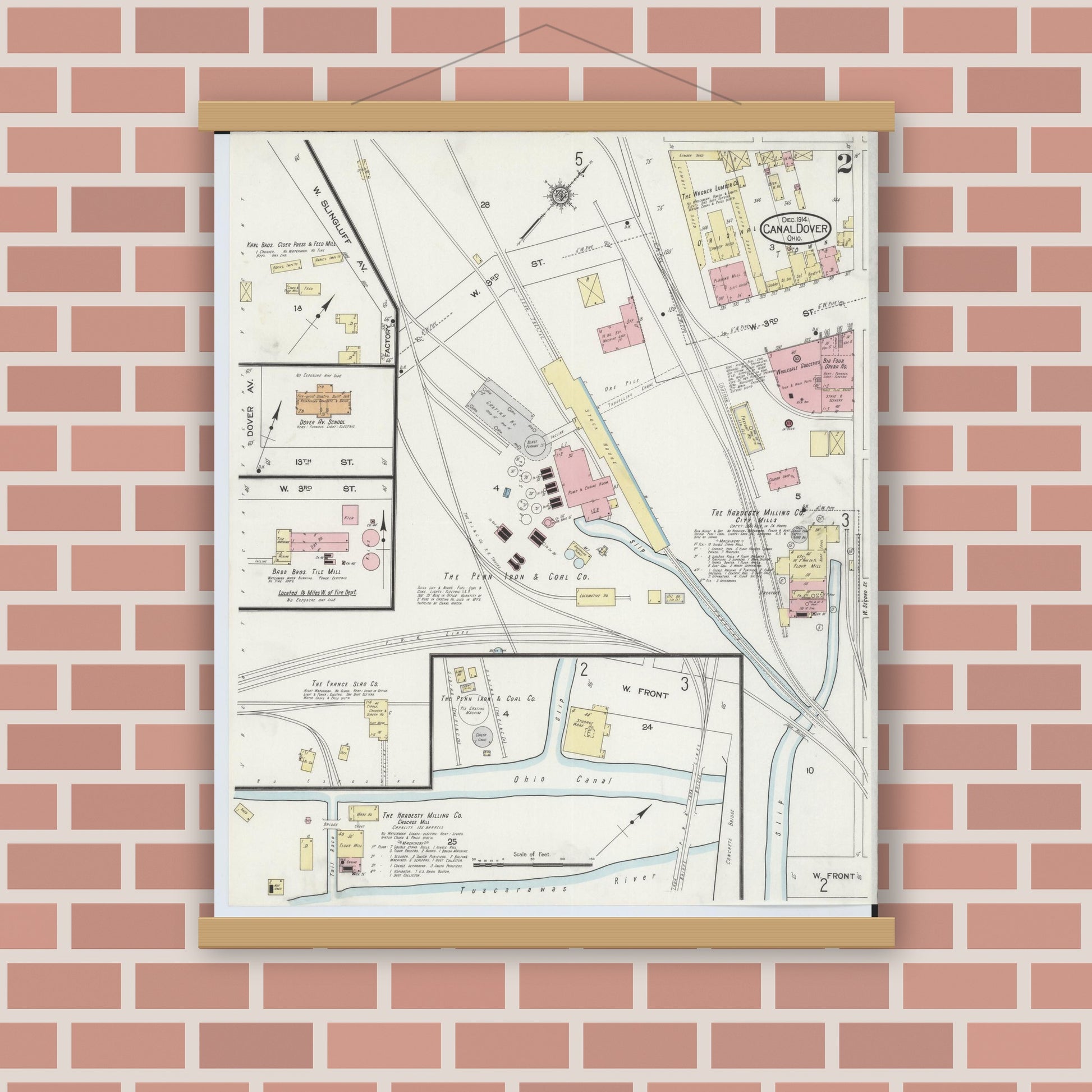 Old map wall art mockup — magnetic wood frame on brick wall — Sanborn Fire Insurance Map from Canal Dover, Tuscarawas County, Ohio (1914), Sheet #0002