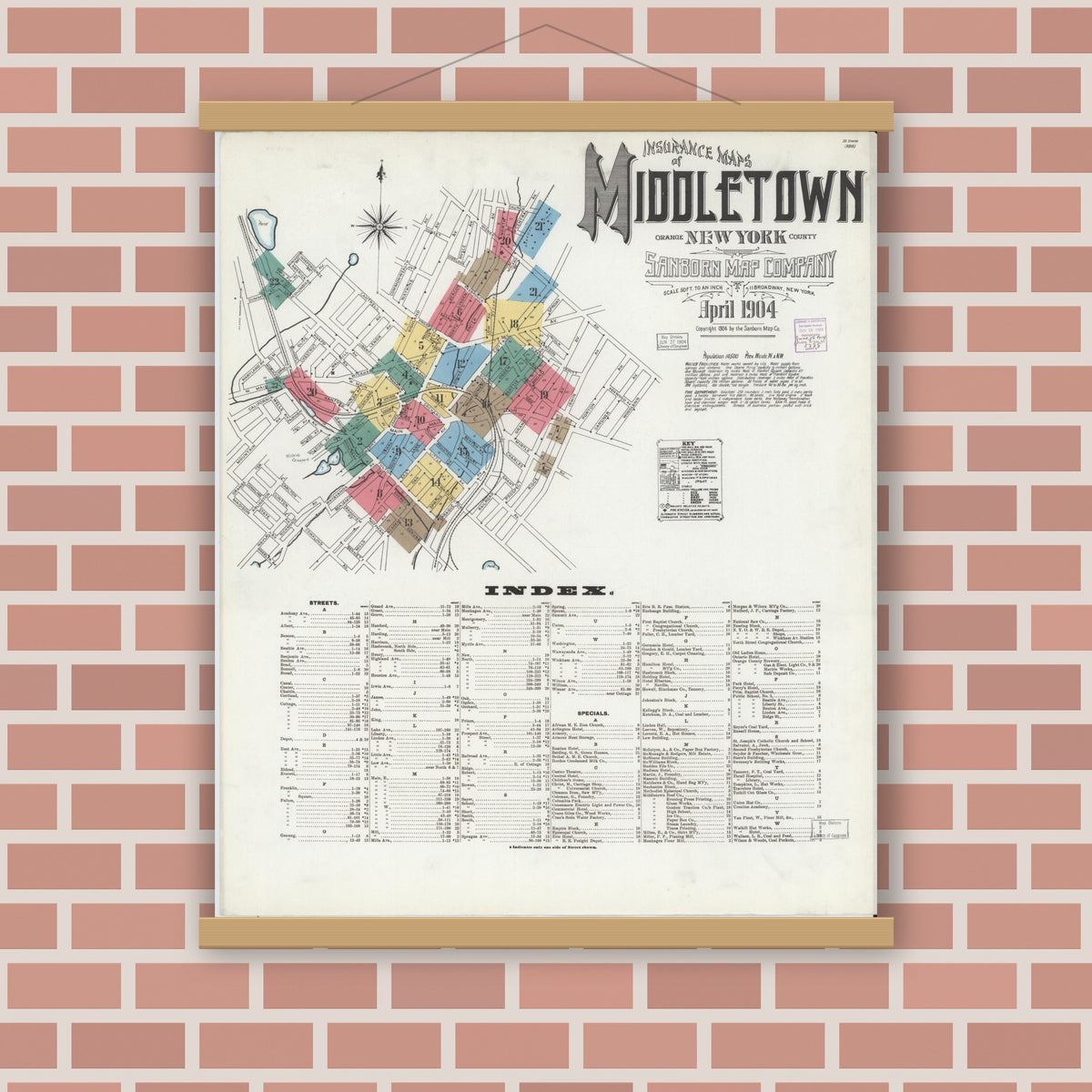 Old map wall art mockup — magnetic wood frame on brick wall — Sanborn Fire Insurance Map from Middletown, Orange County, New York (1904), Sheet #0001