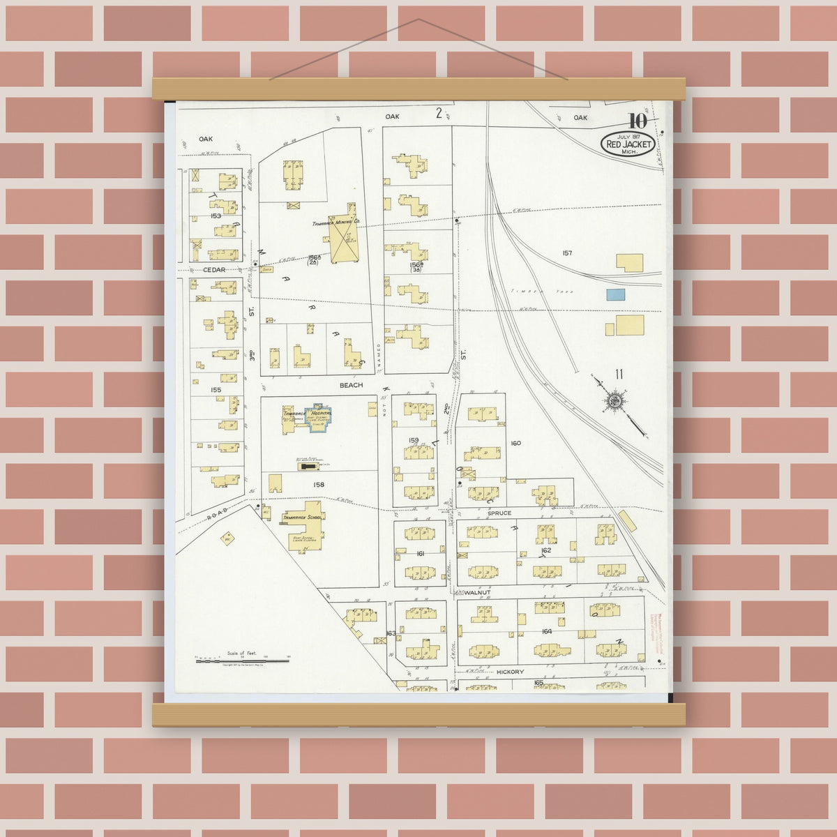 Old map wall art mockup — magnetic wood frame on brick wall — Sanborn Fire Insurance Map from Red Jacket, Houghton County, Michigan (1917), Sheet #0010