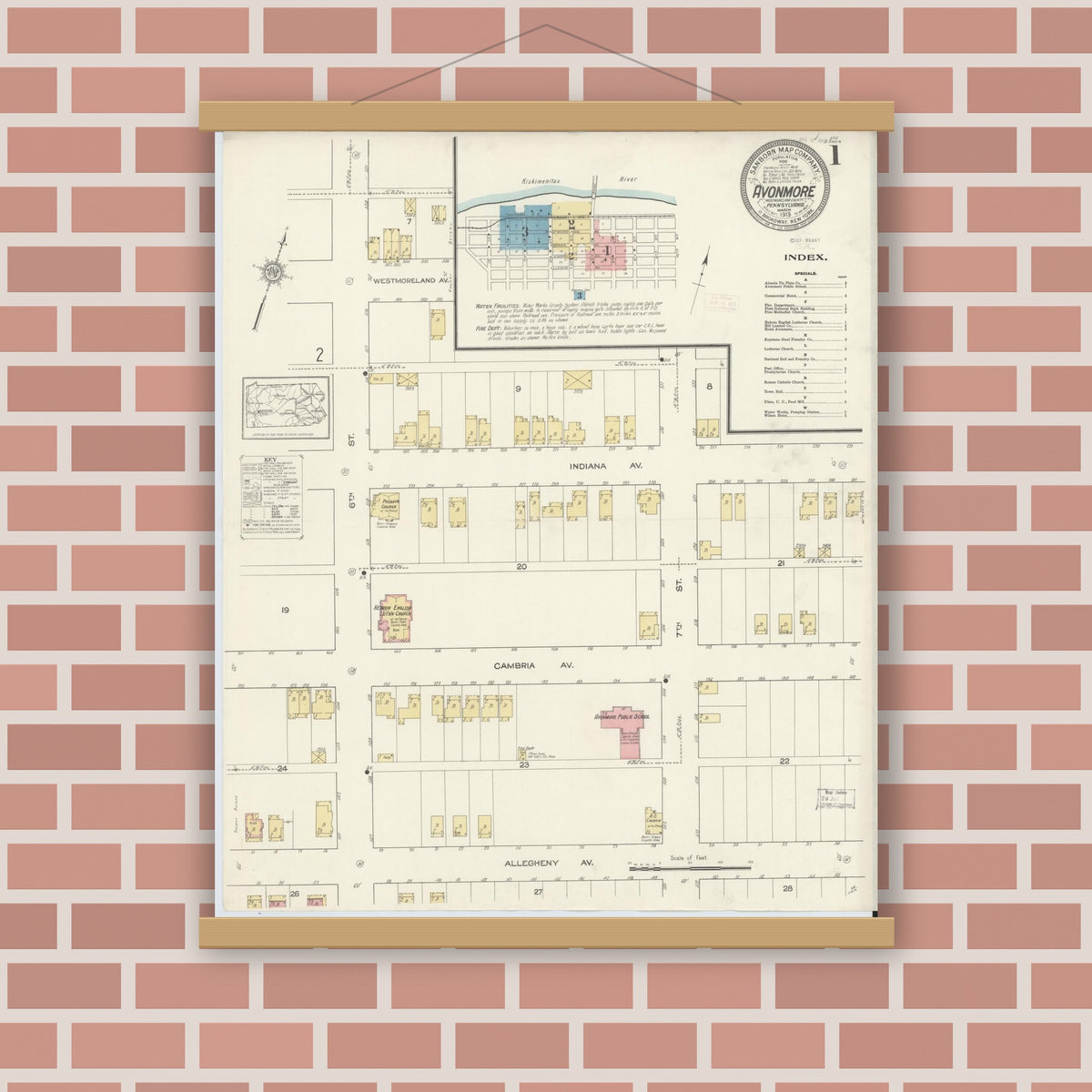 Old map wall art mockup — magnetic wood frame on brick wall — Sanborn Fire Insurance Map from Avonmore, Westmoreland County, Pennsylvania (1913), Sheet #0001