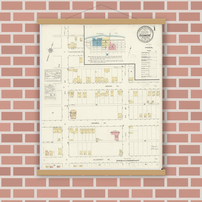 Old map wall art mockup — magnetic wood frame on brick wall — Sanborn Fire Insurance Map from Avonmore, Westmoreland County, Pennsylvania (1913), Sheet #0001