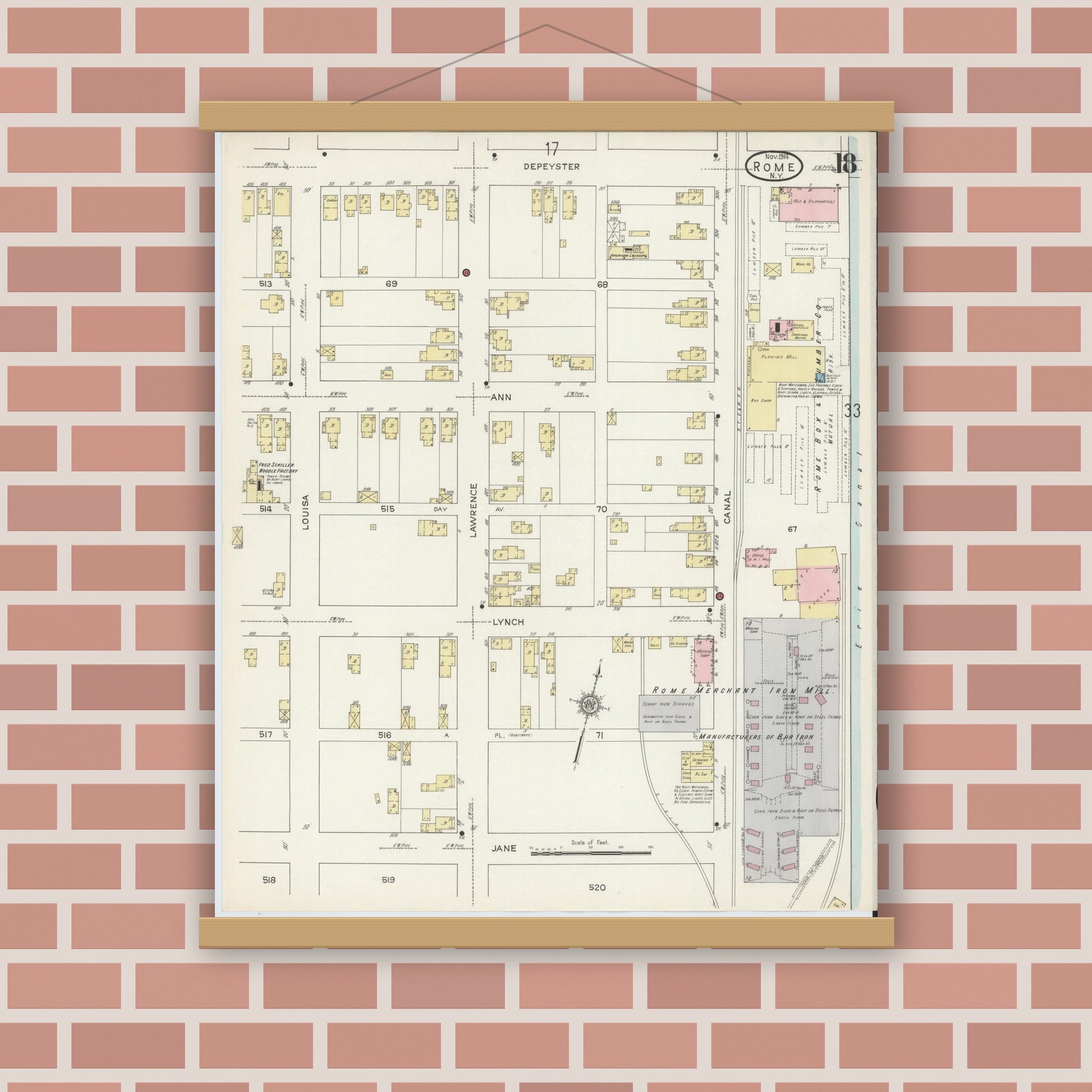 Old map wall art mockup — magnetic wood frame on brick wall — Sanborn Fire Insurance Map from Rome, Oneida County, New York (1914), Sheet #0018
