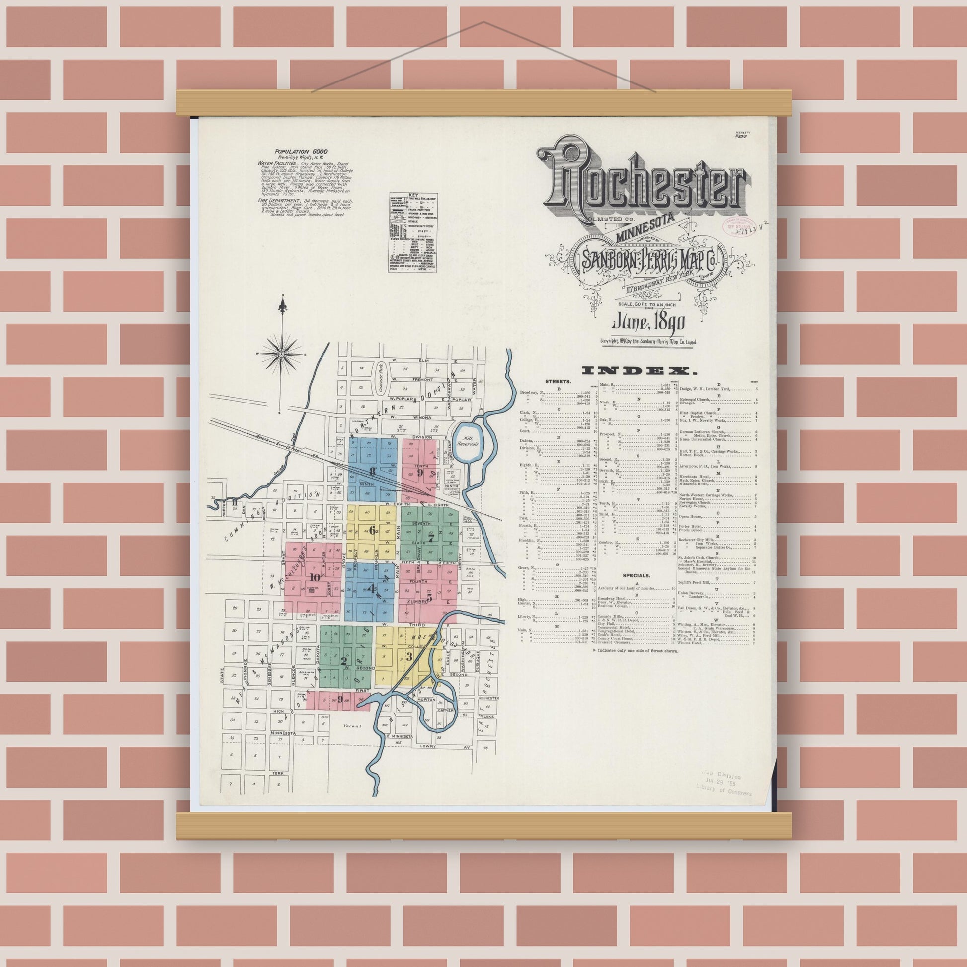 Old map wall art mockup — magnetic wood frame on brick wall — Sanborn Fire Insurance Map from Rochester, Olmsted County, Minnesota (1890) - Complete Map Set
