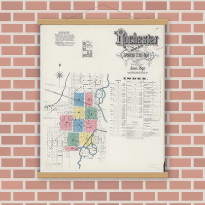 Old map wall art mockup — magnetic wood frame on brick wall — Sanborn Fire Insurance Map from Rochester, Olmsted County, Minnesota (1890) - Complete Map Set