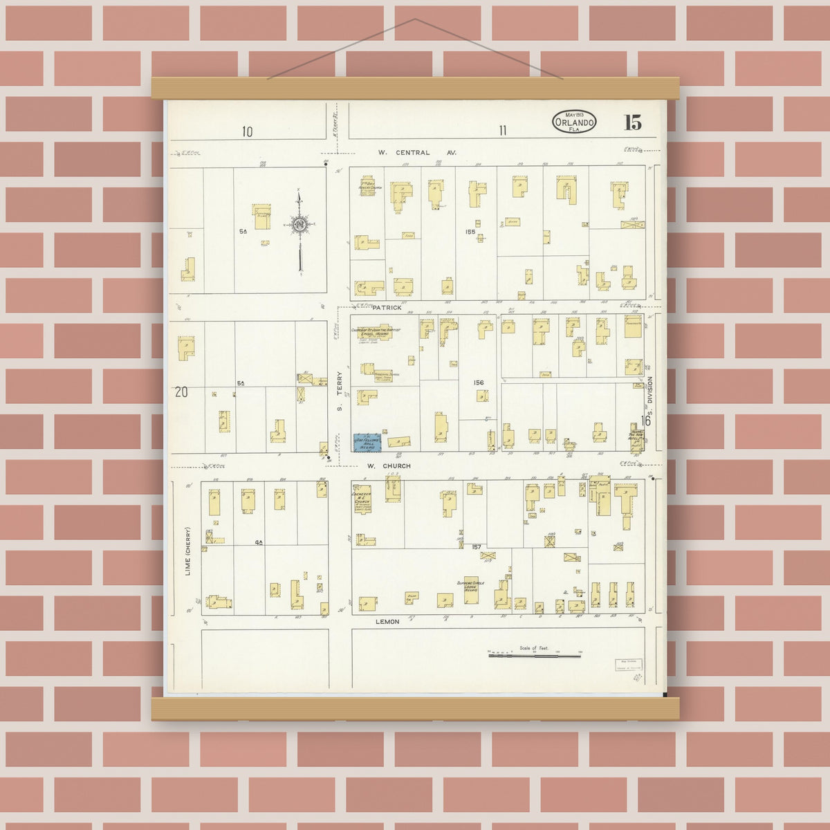 Old map wall art mockup — magnetic wood frame on brick wall — Sanborn Fire Insurance Map from Orlando, Orange County, Florida (1913), Sheet #0015