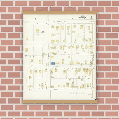 Old map wall art mockup — magnetic wood frame on brick wall — Sanborn Fire Insurance Map from Orlando, Orange County, Florida (1913), Sheet #0015