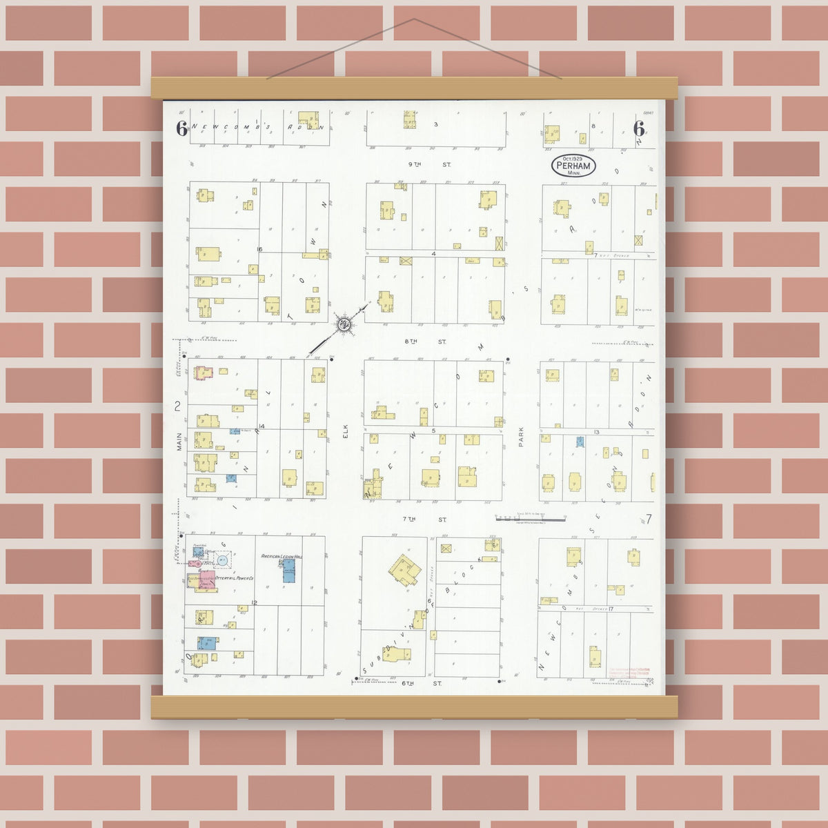 Old map wall art mockup — magnetic wood frame on brick wall — Sanborn Fire Insurance Map from Perham, Otter Tail County, Minnesota (1929), Sheet #0006