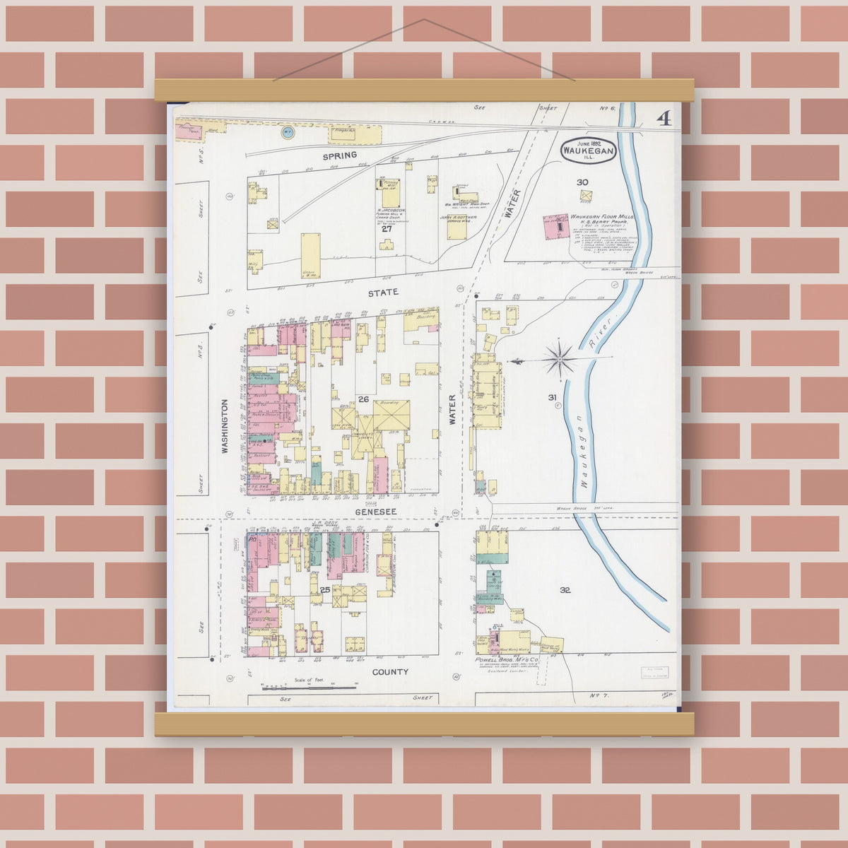 Old map wall art mockup — magnetic wood frame on brick wall — Sanborn Fire Insurance Map from Waukegan, Lake County, Illinois (1892), Sheet #0004