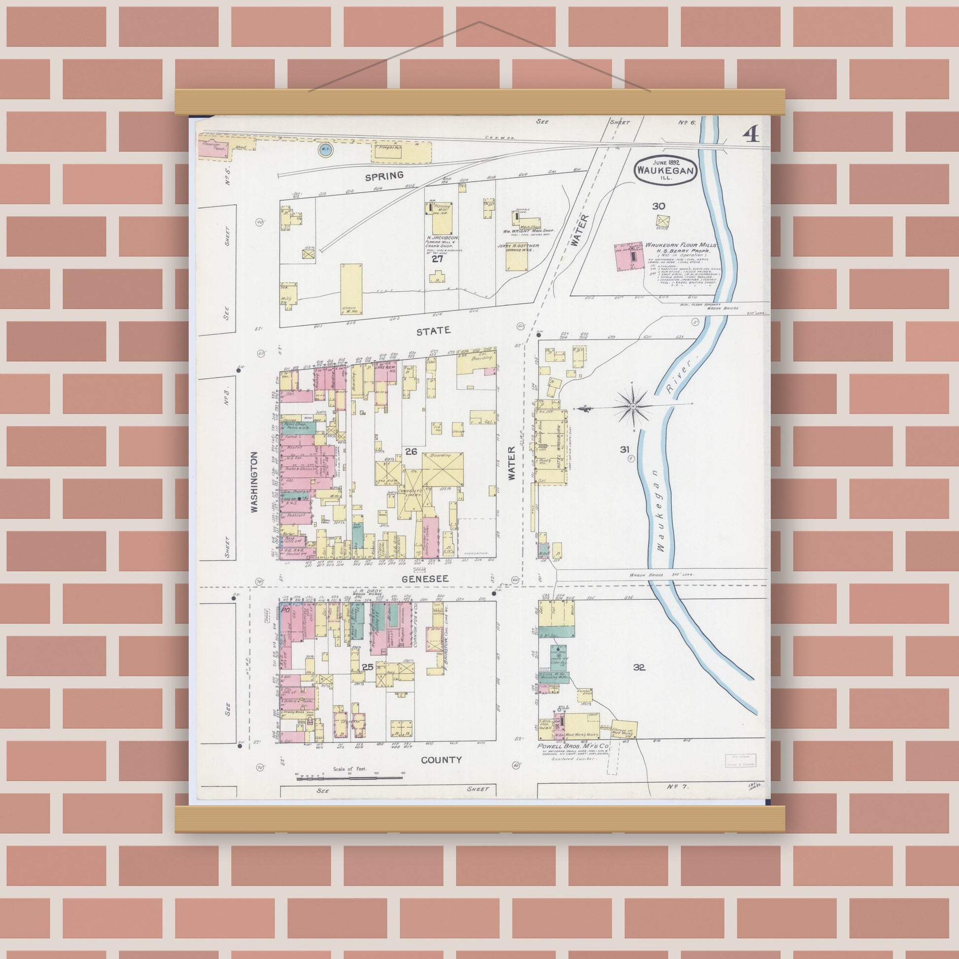 Old map wall art mockup — magnetic wood frame on brick wall — Sanborn Fire Insurance Map from Waukegan, Lake County, Illinois (1892), Sheet #0004