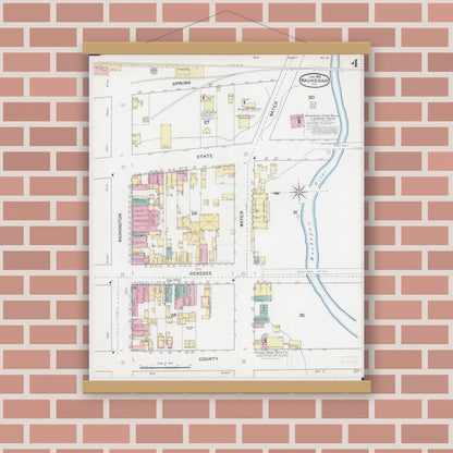 Old map wall art mockup — magnetic wood frame on brick wall — Sanborn Fire Insurance Map from Waukegan, Lake County, Illinois (1892), Sheet #0004