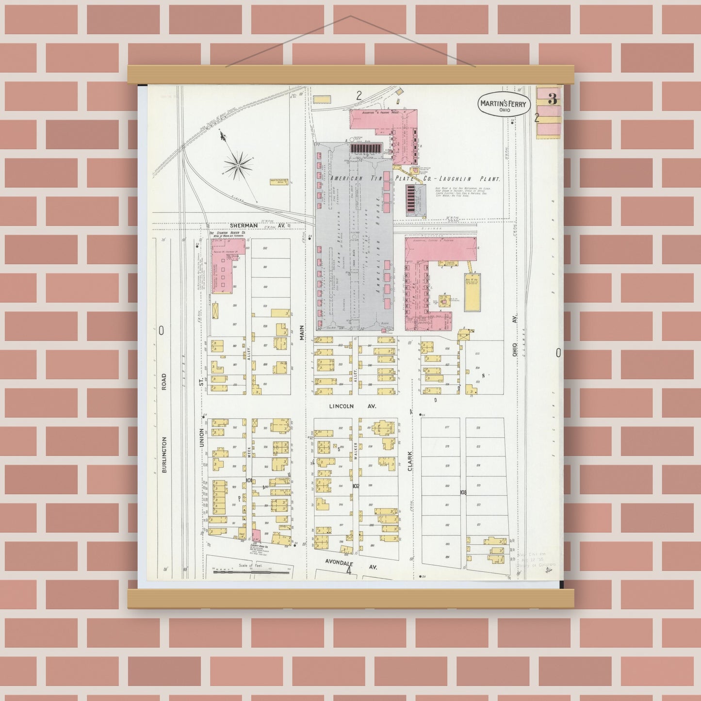 Old map wall art mockup — magnetic wood frame on brick wall — Sanborn Fire Insurance Map from Martins Ferry, Belmont County, Ohio (1900), Sheet #0003