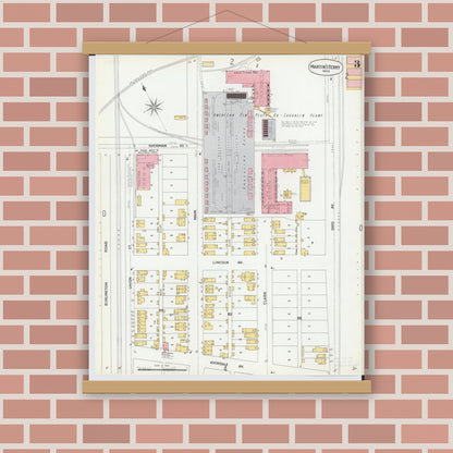 Old map wall art mockup — magnetic wood frame on brick wall — Sanborn Fire Insurance Map from Martins Ferry, Belmont County, Ohio (1900), Sheet #0003