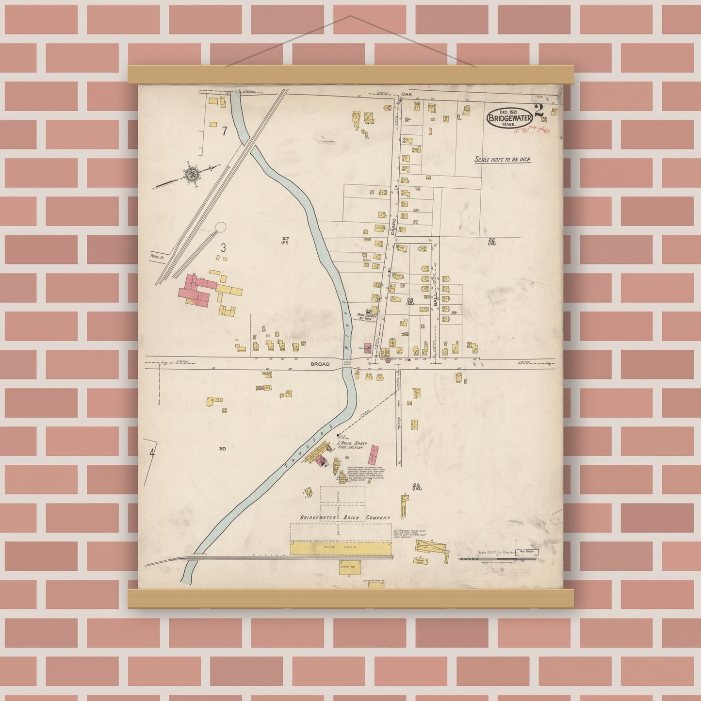Old map wall art mockup — magnetic wood frame on brick wall — Sanborn Fire Insurance Map from Bridgewater, Plymouth County, Massachusetts (1921), Sheet #0002