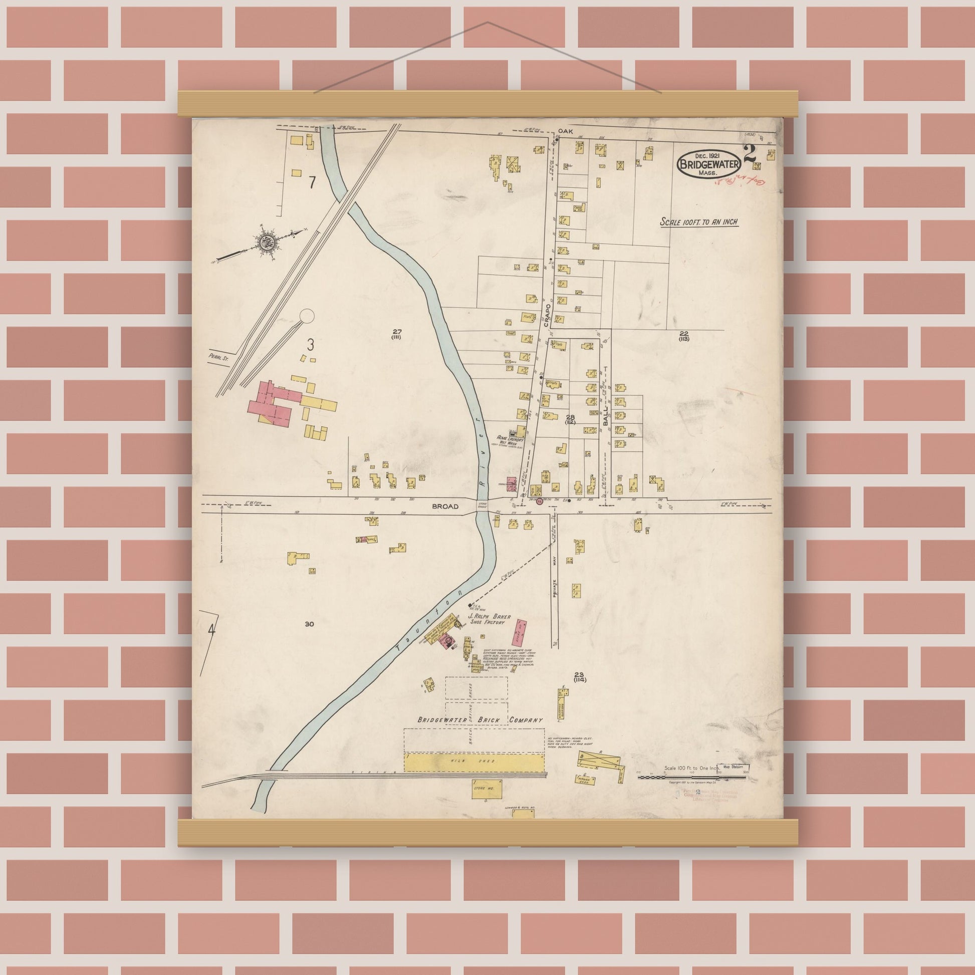 Old map wall art mockup — magnetic wood frame on brick wall — Sanborn Fire Insurance Map from Bridgewater, Plymouth County, Massachusetts (1921), Sheet #0002