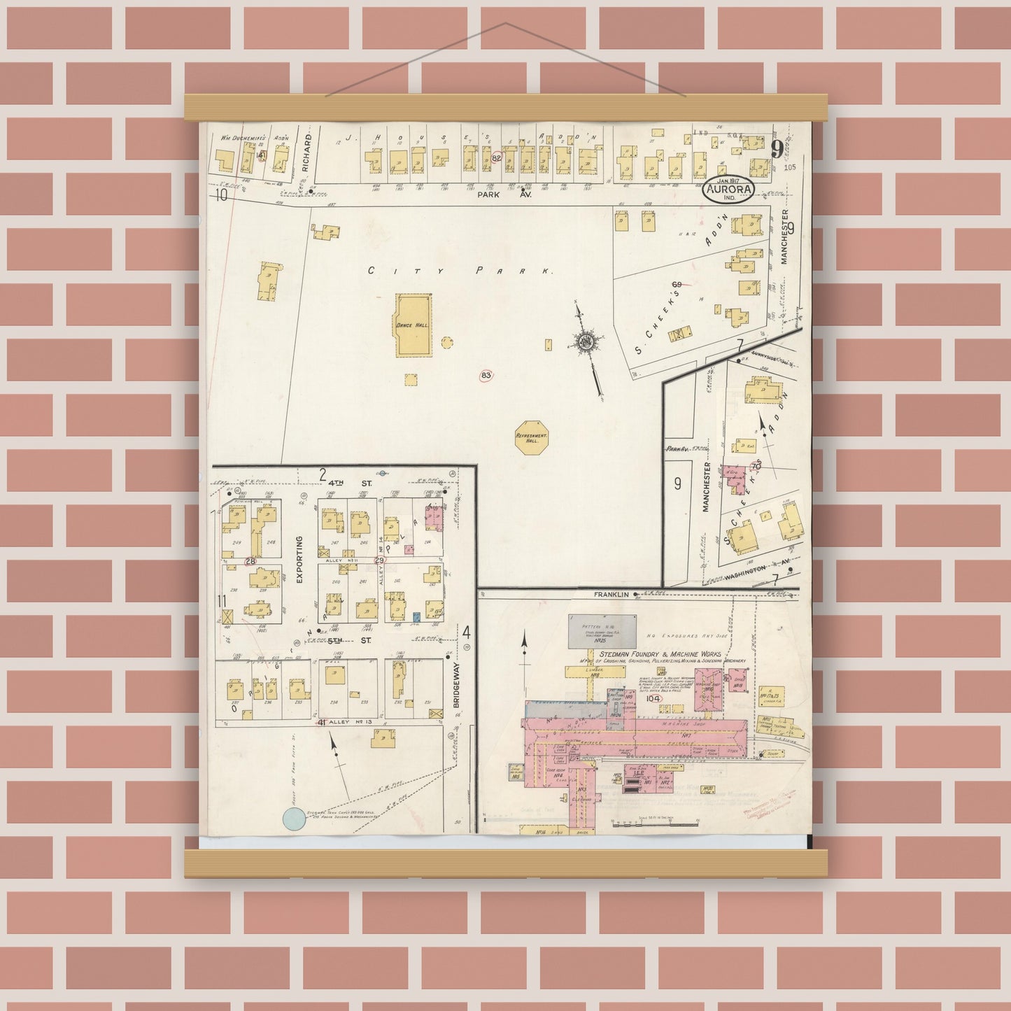 Old map wall art mockup — magnetic wood frame on brick wall — Sanborn Fire Insurance Map from Aurora, Dearborn County, Indiana (1935), Sheet #0009