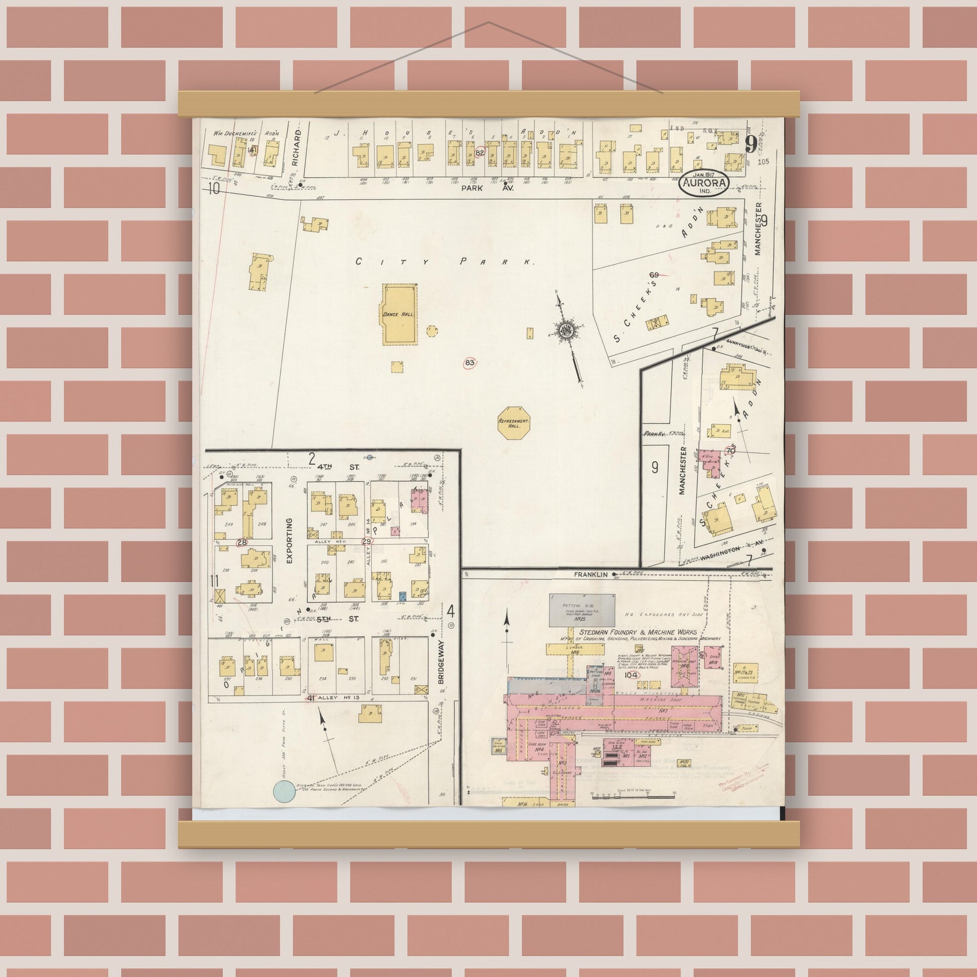 Old map wall art mockup — magnetic wood frame on brick wall — Sanborn Fire Insurance Map from Aurora, Dearborn County, Indiana (1935), Sheet #0009