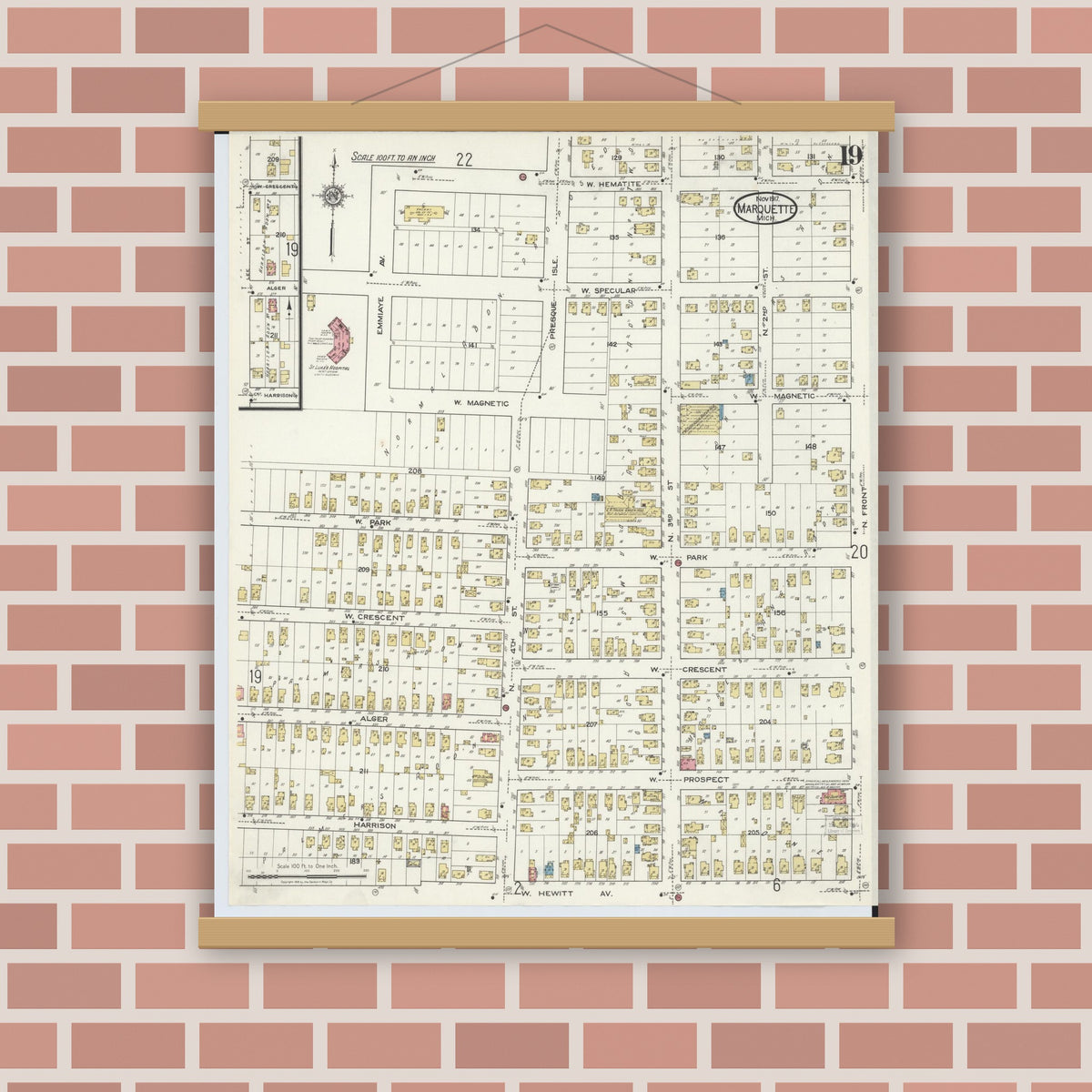 Old map wall art mockup — magnetic wood frame on brick wall — Sanborn Fire Insurance Map from Marquette, Marquette County, Michigan (1917), Sheet #0019