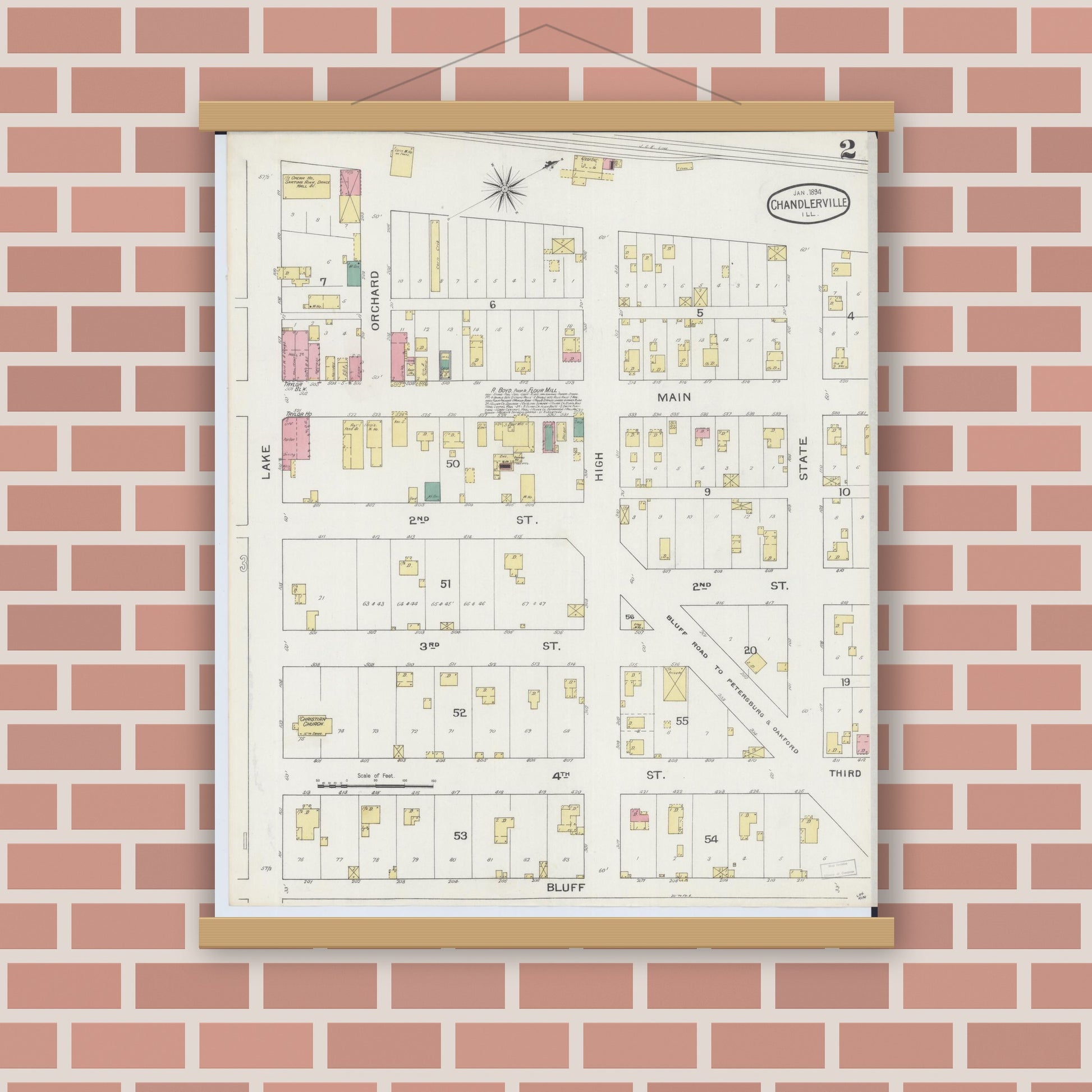 Old map wall art mockup — magnetic wood frame on brick wall — Sanborn Fire Insurance Map from Chandlerville, Cass County, Illinois (1894), Sheet #0002