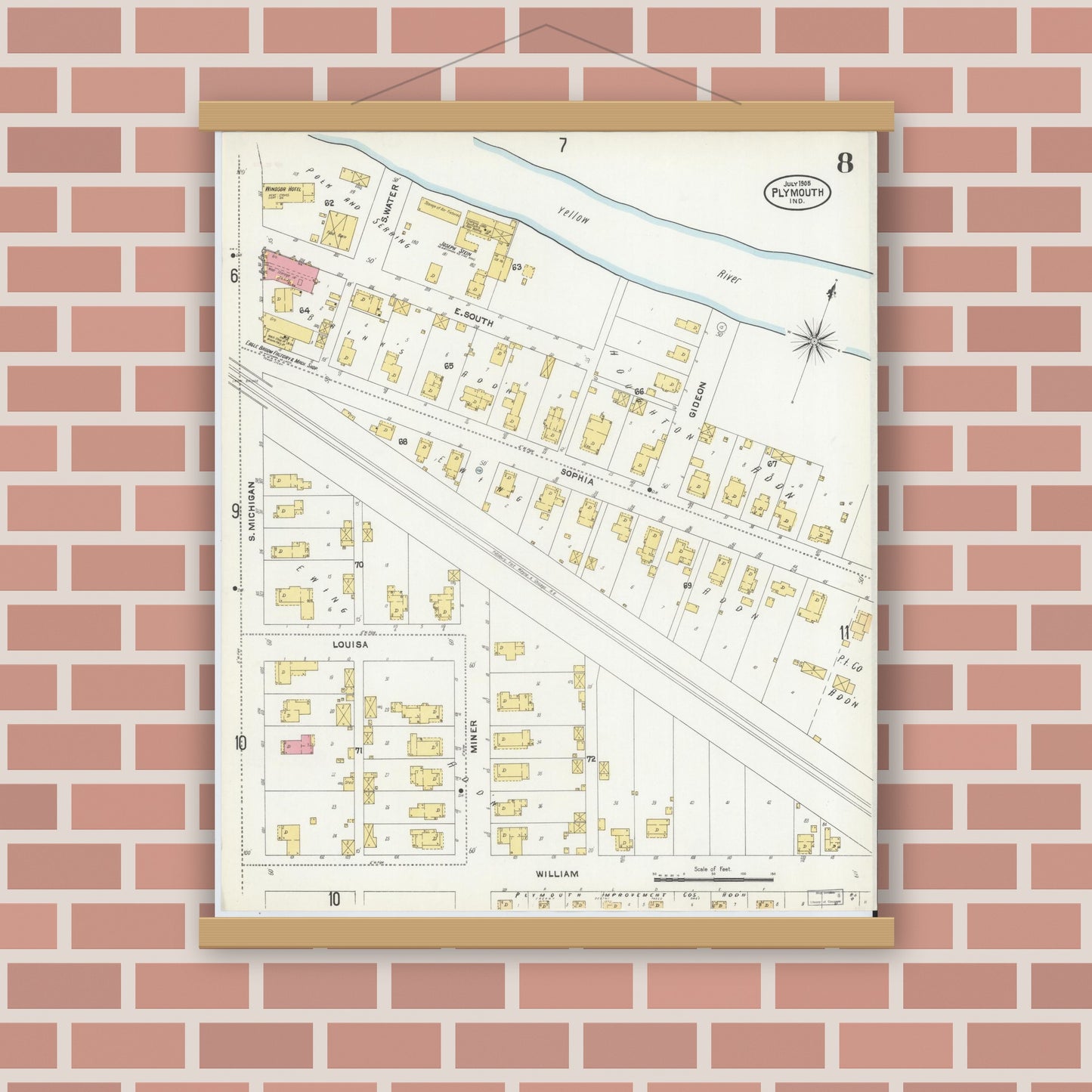 Old map wall art mockup — magnetic wood frame on brick wall — Sanborn Fire Insurance Map from Plymouth, Marhshall County, Indiana (1905), Sheet #0008