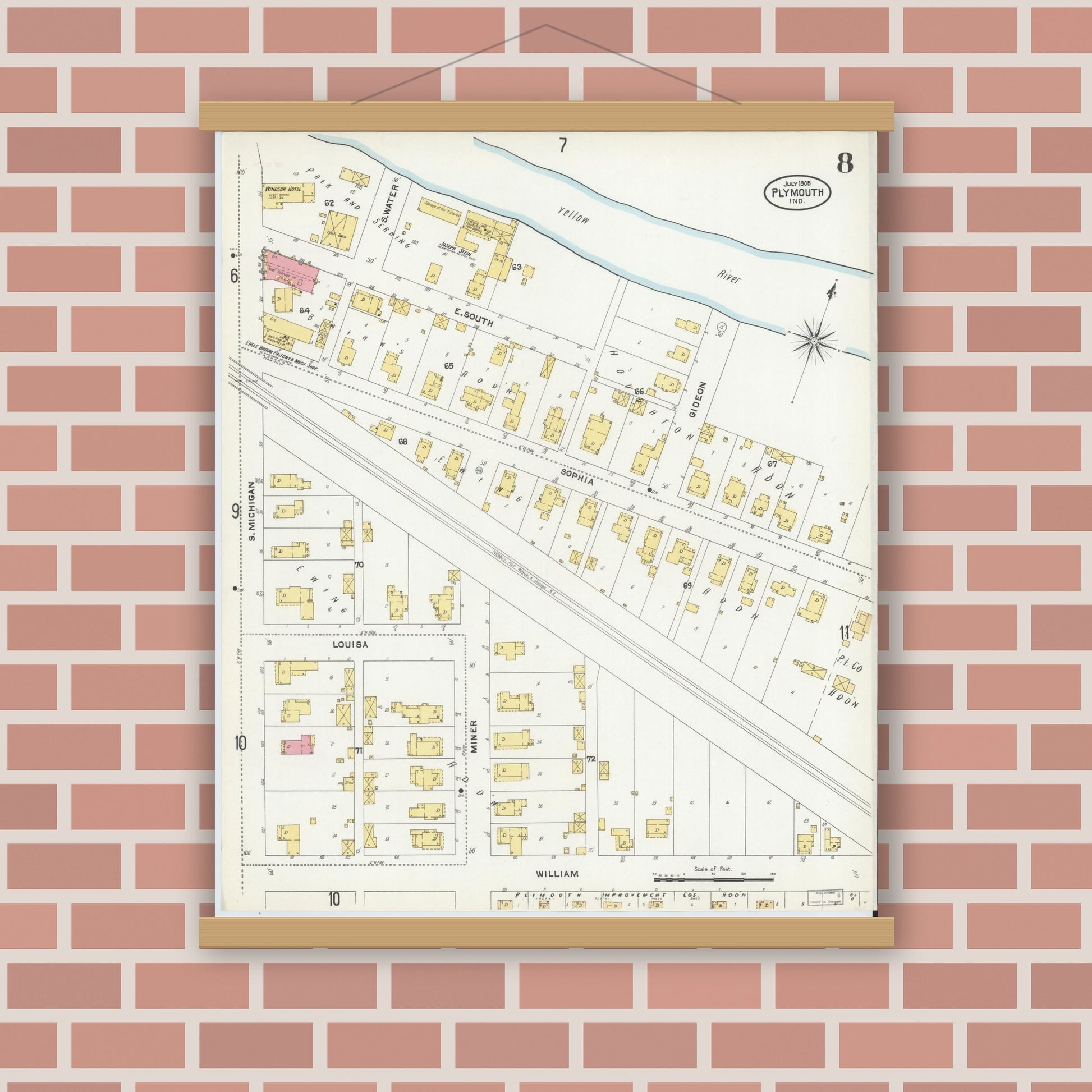 Old map wall art mockup — magnetic wood frame on brick wall — Sanborn Fire Insurance Map from Plymouth, Marhshall County, Indiana (1905), Sheet #0008