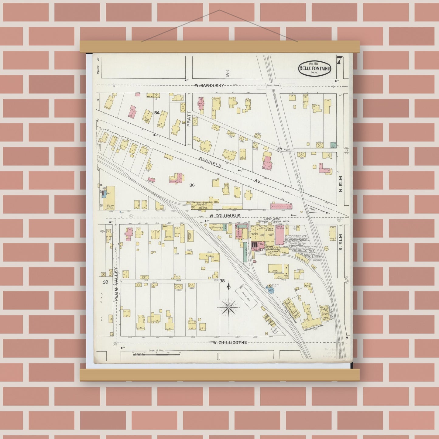 Old map wall art mockup — magnetic wood frame on brick wall — Sanborn Fire Insurance Map from Bellefontaine, Logan County, Ohio (1892), Sheet #0007