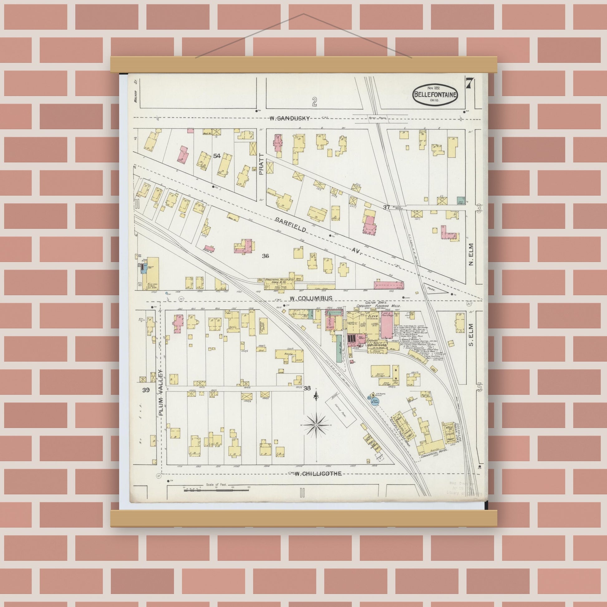 Old map wall art mockup — magnetic wood frame on brick wall — Sanborn Fire Insurance Map from Bellefontaine, Logan County, Ohio (1892), Sheet #0007