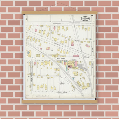 Old map wall art mockup — magnetic wood frame on brick wall — Sanborn Fire Insurance Map from Bellefontaine, Logan County, Ohio (1892), Sheet #0007